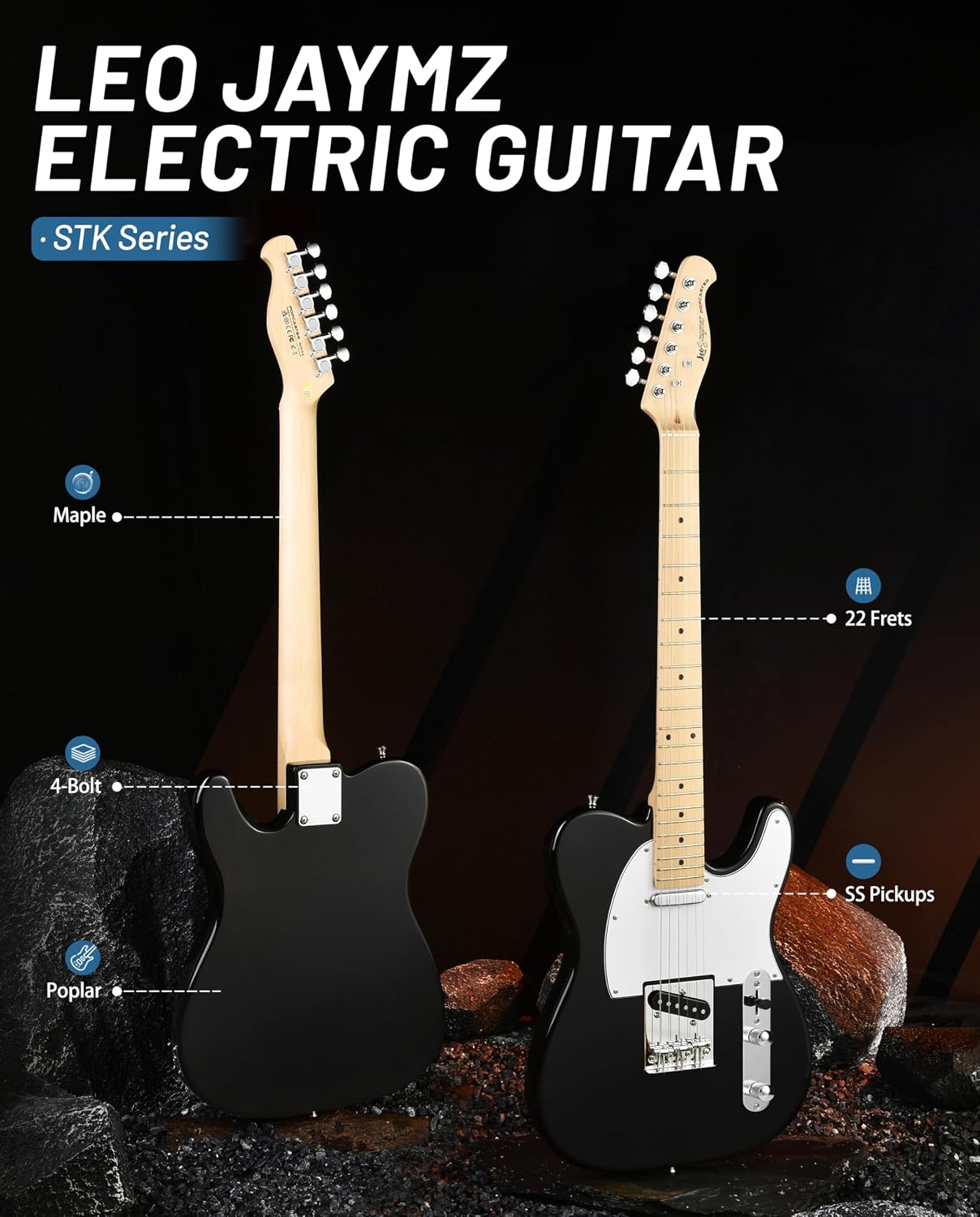 Leo Jaymz Beginner Electric Guitar Complete Kit with Portable Amp, Padded Gig Bag & Full Accessories, Maple Neck (TL-White)