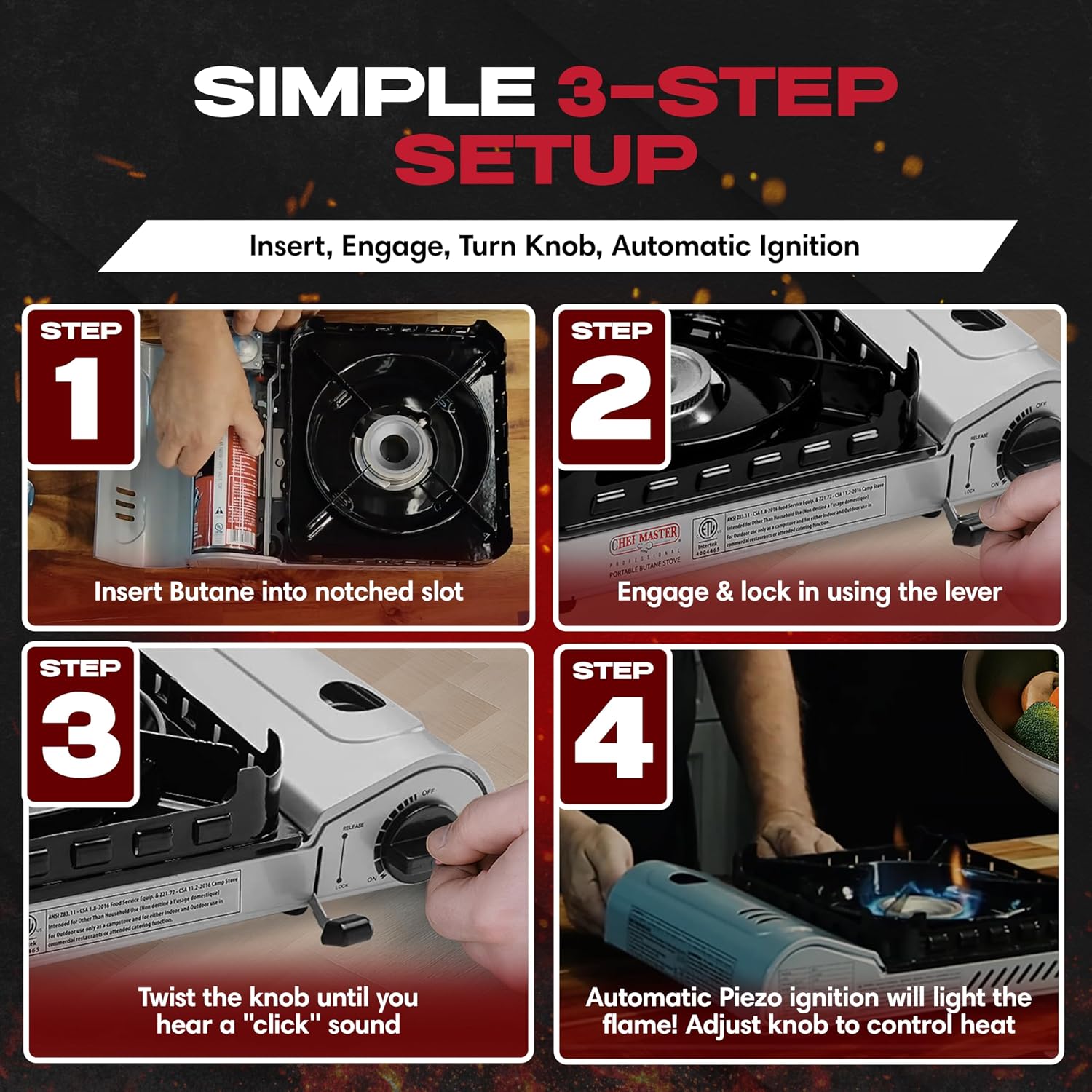 Chef Master 15,000 BTU Butane Portable Camp Stove | Double Wind-Guard Portable Stove Burner w/Piezo Click Ignition for Emergencies, Tailgating, Hiking, Backpacking & Camping Essentials - 90019