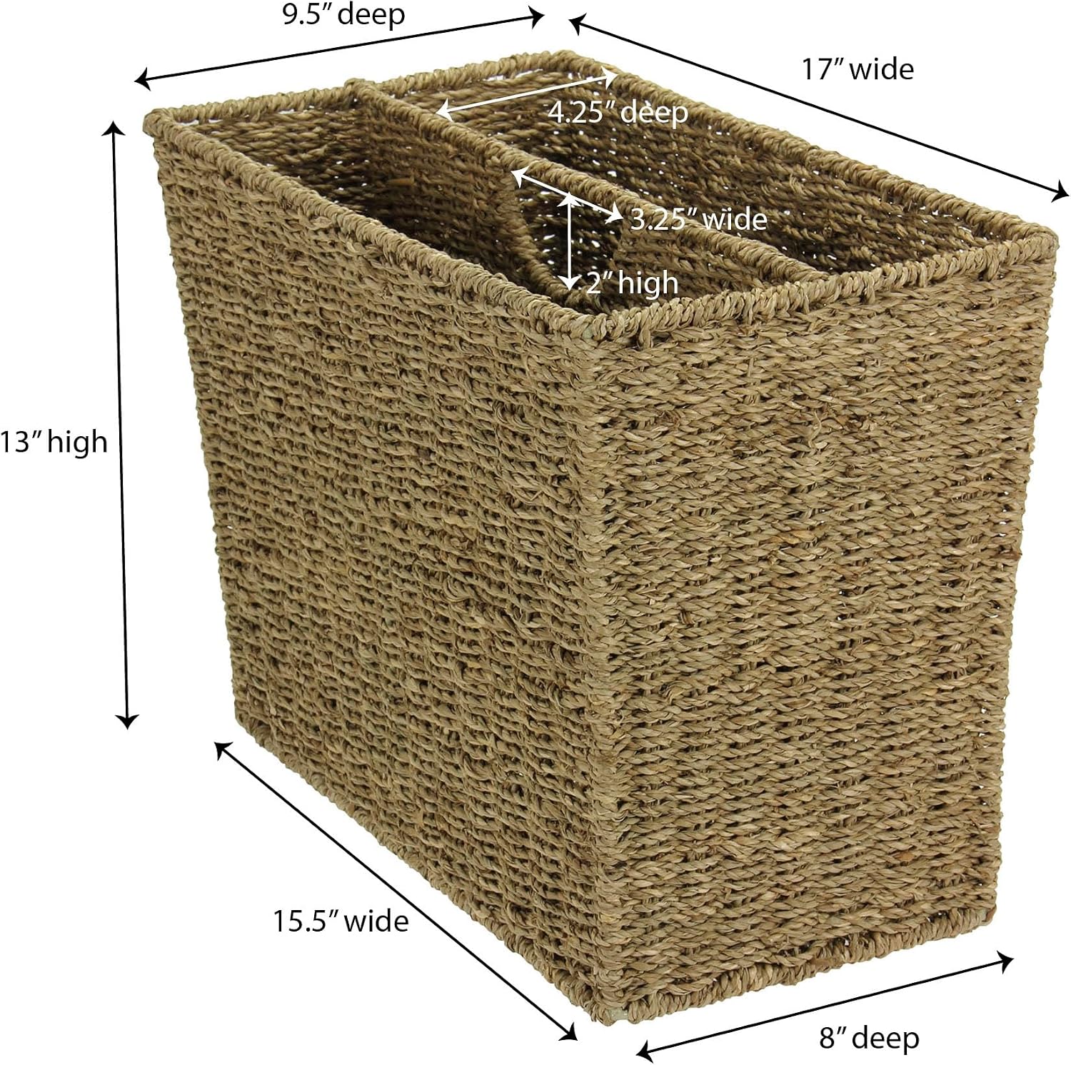 Household Essentials Wicker Magazine Rack, Handwoven Seagrass, Strong Metal Wire Frame, Built-In Handle and Divider, Lightweight, Contemporary, Great for Puzzle Books, Mail and More, Natural