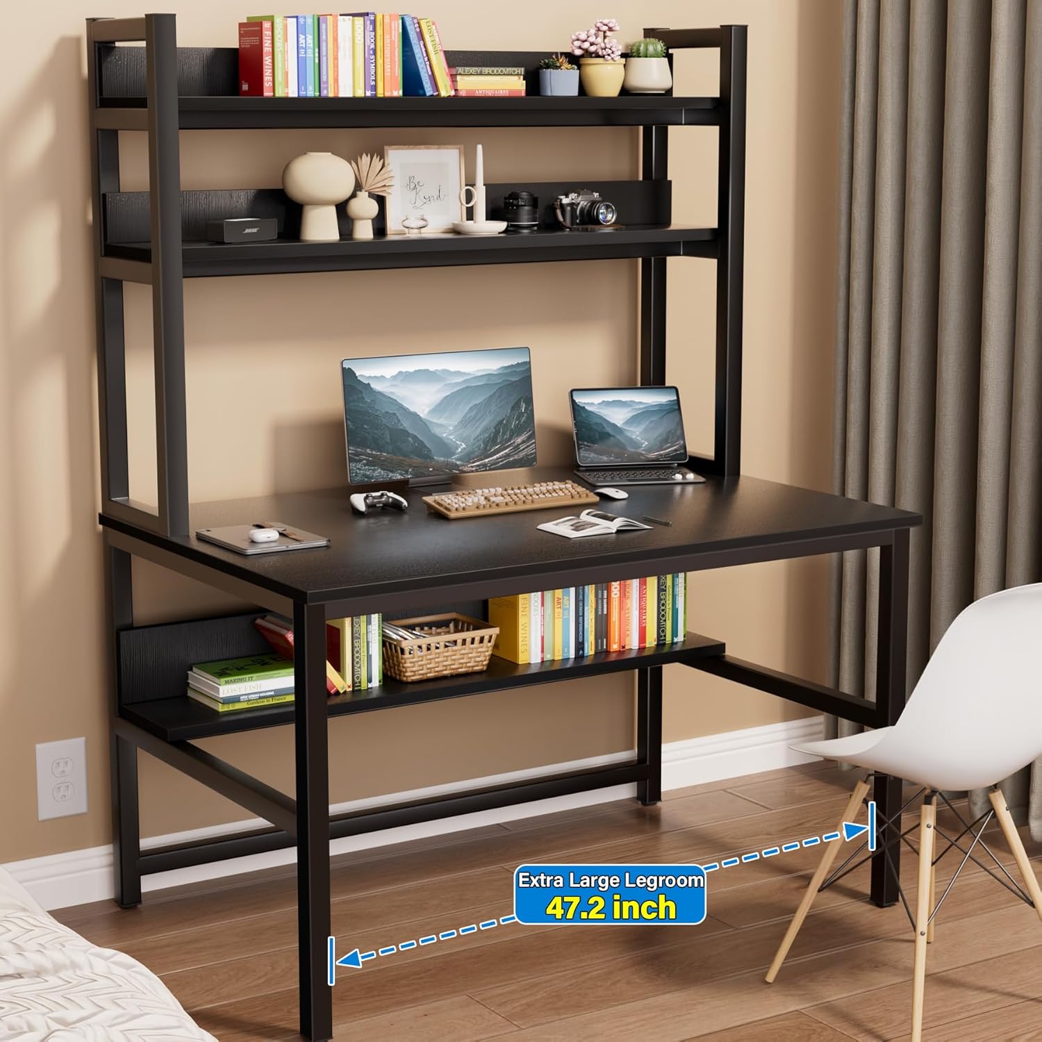 Aquzee Computer Desk with Shelves, 47" W x 23.6" D Gaming Desk with Hutch and Bookshelf