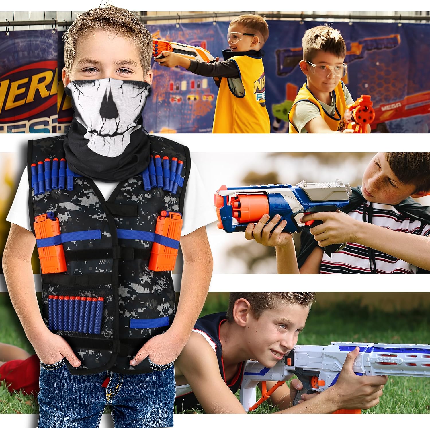 KKONES Kids Nerf Guns Tactical Vest Kit Darts Pouch Clips Mask Glasses