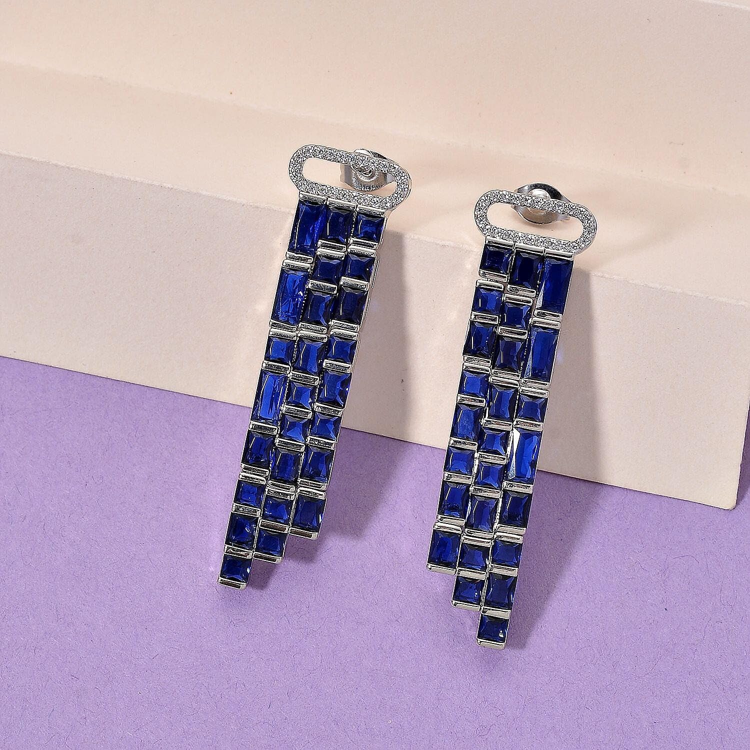 Blue Glass and Cubic Zirconia Earrings in Silvertone