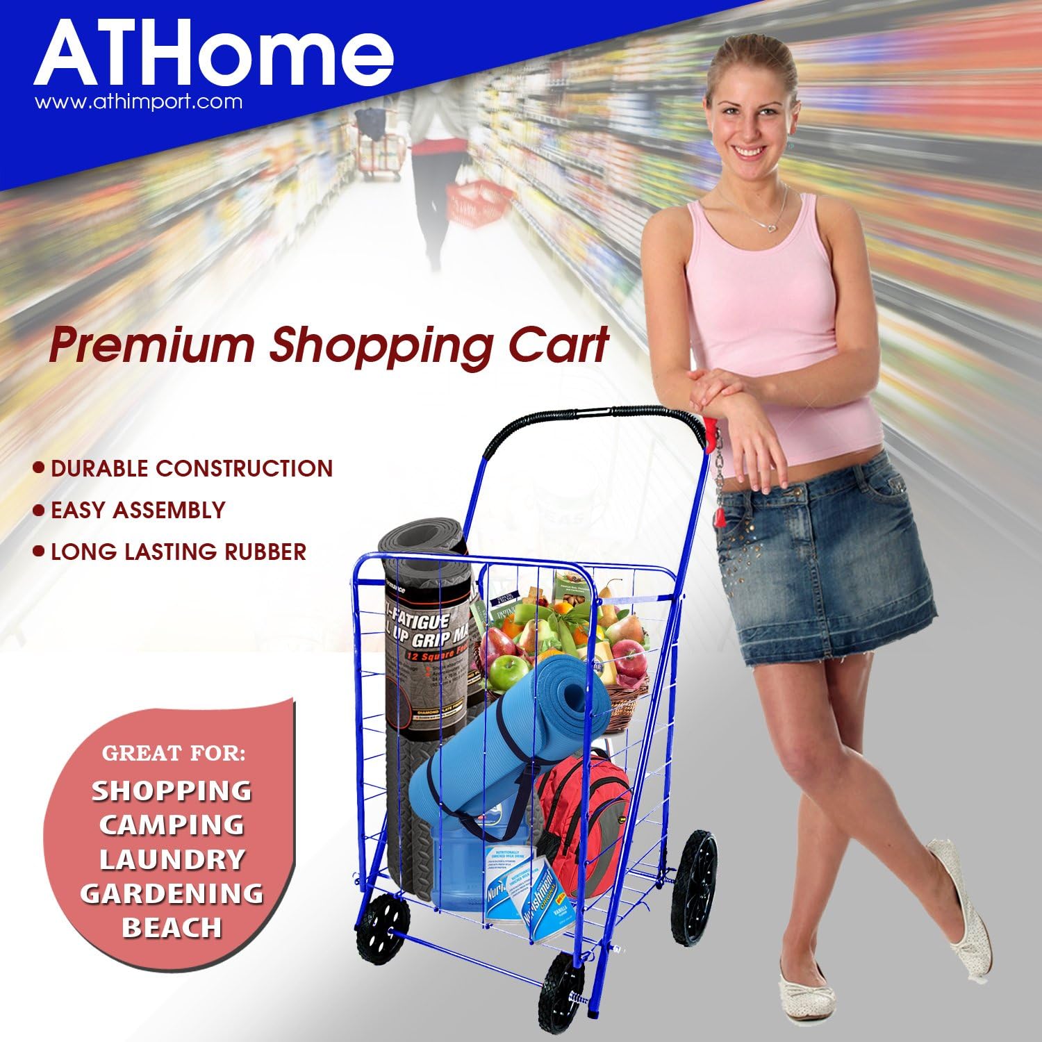 ATH Large Deluxe Rolling Utility / Shopping Cart - Stowable Folding Heavy Duty Cart with Rubber Wheels For Haul Laundry, Groceries, Toys, Sports Equipment, Red