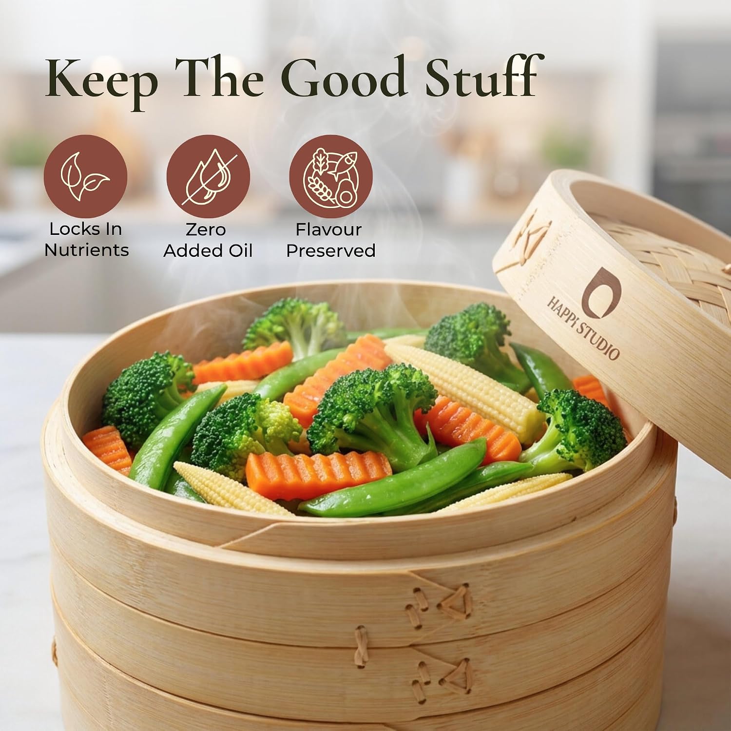 HAPPI STUDIO Bamboo Steamer Basket 10 Inch, Extra Deep Dumpling Steamer Set