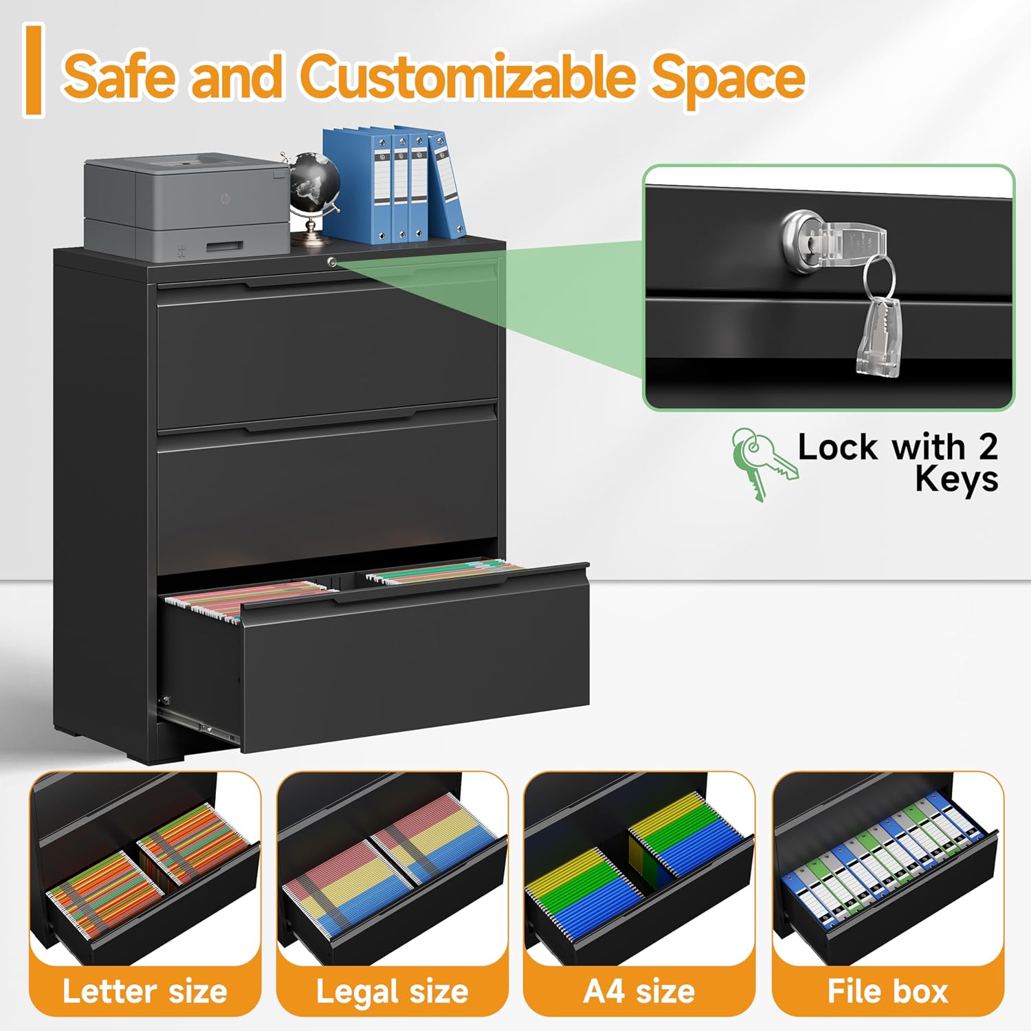 3 Drawer File Cabinet with Lock,Filing Cabinets for Home Office,Metal Small File Cabinet for Letters/Legal/A4 Size, Assembly Required,Black 3 Drawer-15 W