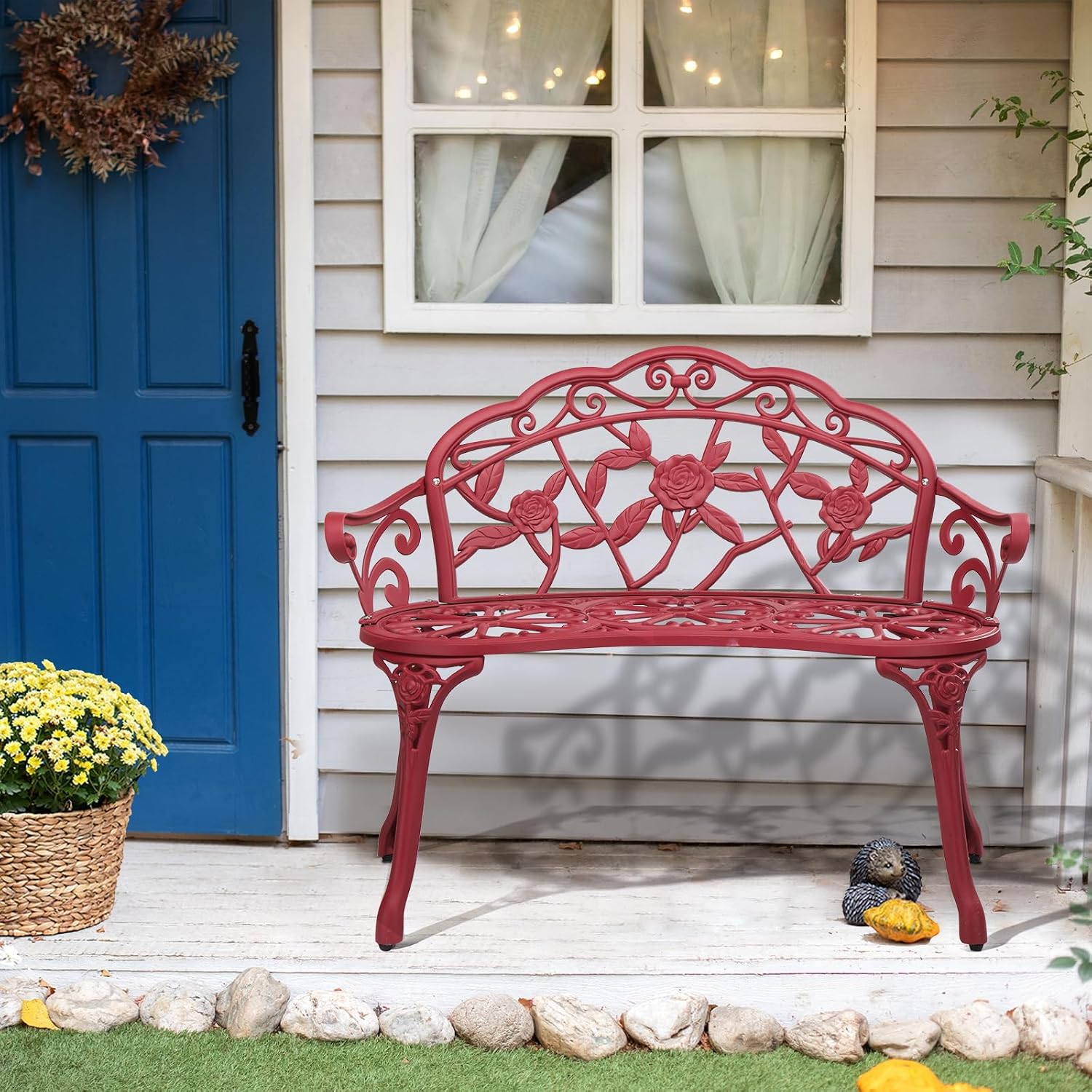 VINGLI 38.5" Patio Park Garden Outdoor Metal Rose Bench, 2-Person Cast Iron Cast Aluminium Frame Antique Finish Chair,Accented Lawn Front Porch Path Yard Decor Deck Furniture (Bronze, Rose)