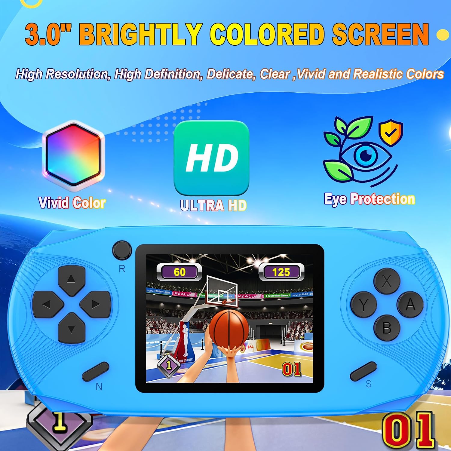 16 Bit Handheld Games for Kids Preloaded 220 Retro Video Games, Blue | 3.0" HD Screen, Rich Gameplay,USB-C Rechargeable, 6+Hrs Play, Portable Travel Toy for Car Flights,Boys Girls Birthdays Gift