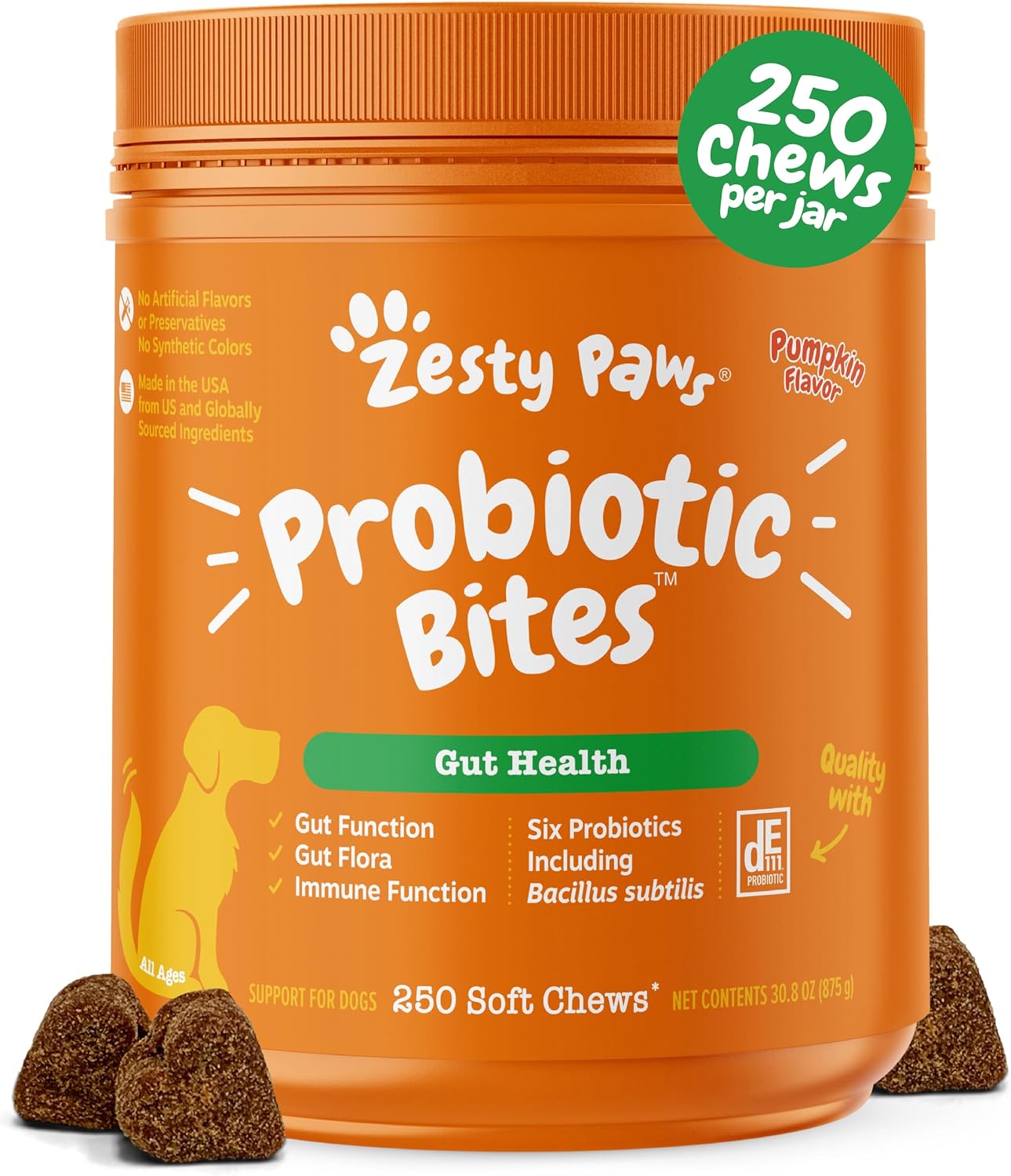Zesty Paws Probiotics for Dogs - Digestive Enzymes for Gut Flora, Digestive Health, Diarrhea & Bowel Support - Clinically Studied DE111 - Dog Supplement Soft Chew for Pet Immune System - Pumpkin, 90ct