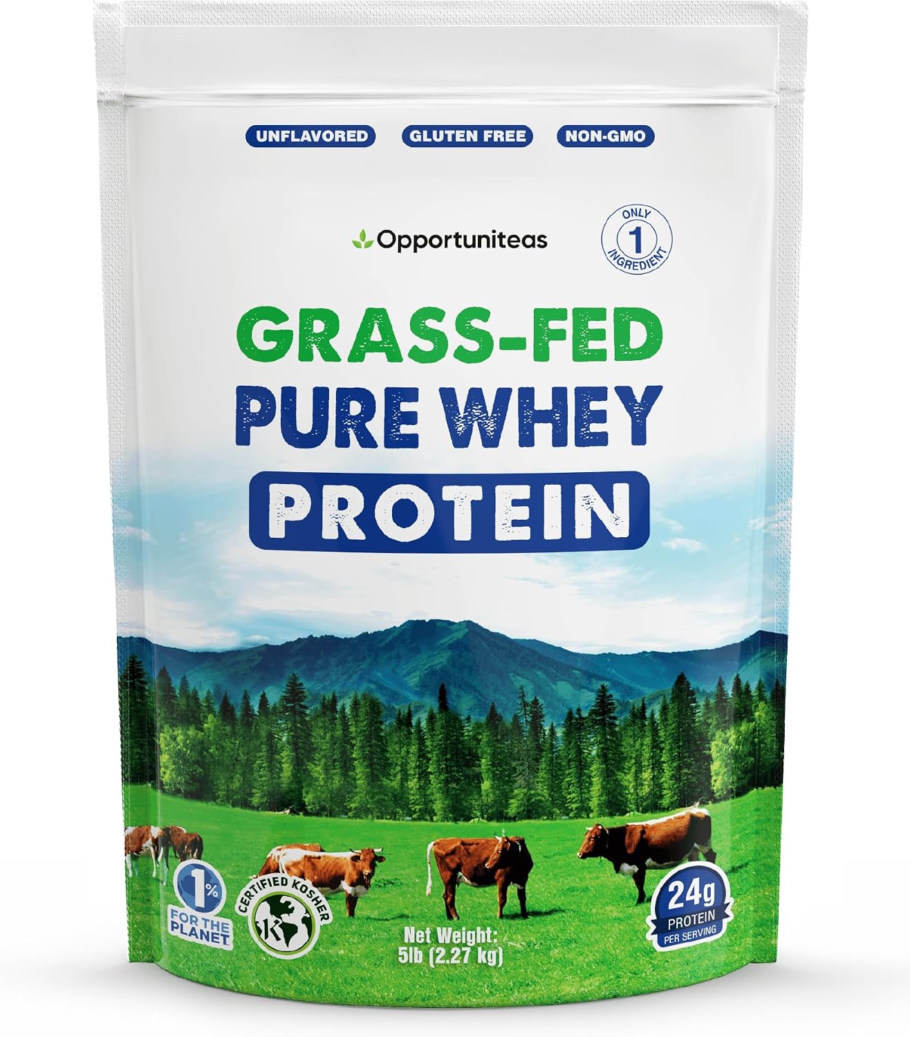 Grass Fed Whey Protein Powder Concentrate - 1 Ingredient - Pure Protein Supplement for Drink, Smoothie, Shake, Cooking & Baking - Non GMO, Hormone Free & Gluten Free - 1 Pound