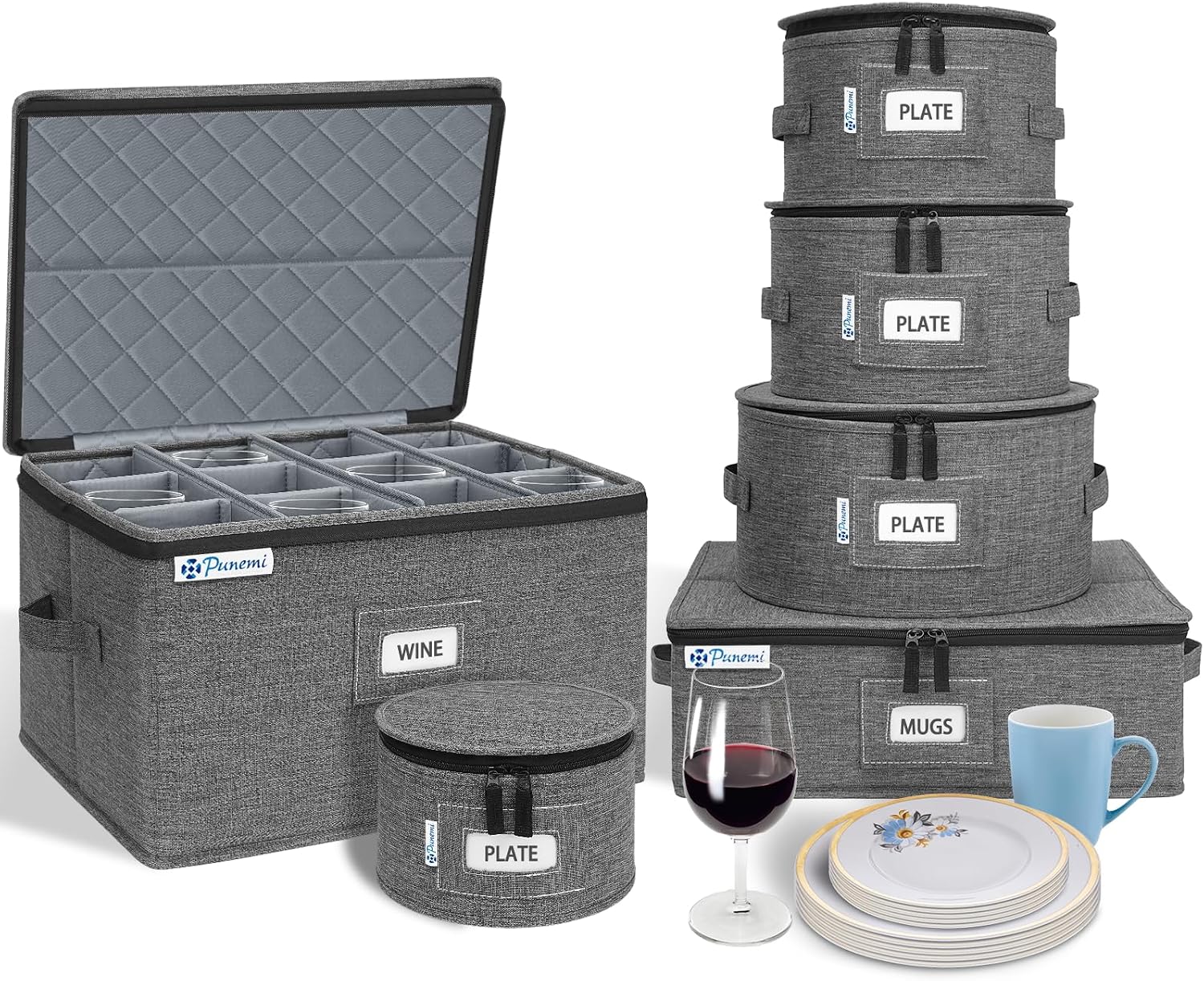 China Storage Containers, 4-Pack Hard Shell Plate & Dish Cases for Moving | Padded dividers and quilted lining protect plates and dishes; stackable for moving and holiday storage, beige hold set of 12