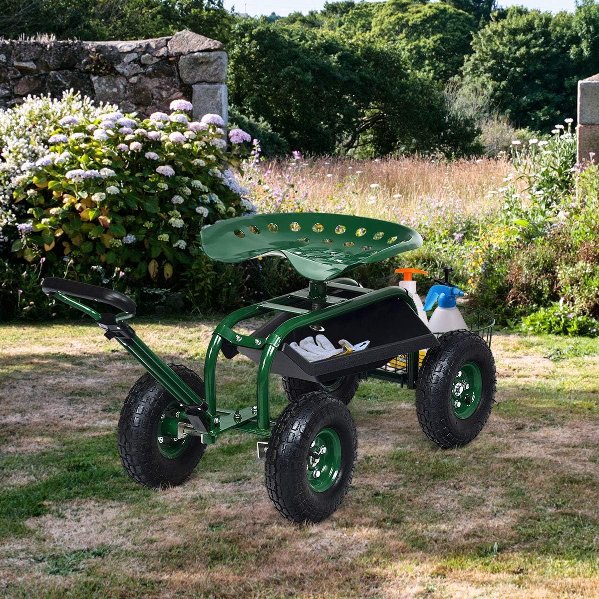 Goplus Rolling Garden Cart with Seat, Outdoor Garden Stool with Wheels, Tool Tray & Basket, Adjustable Steering Handle