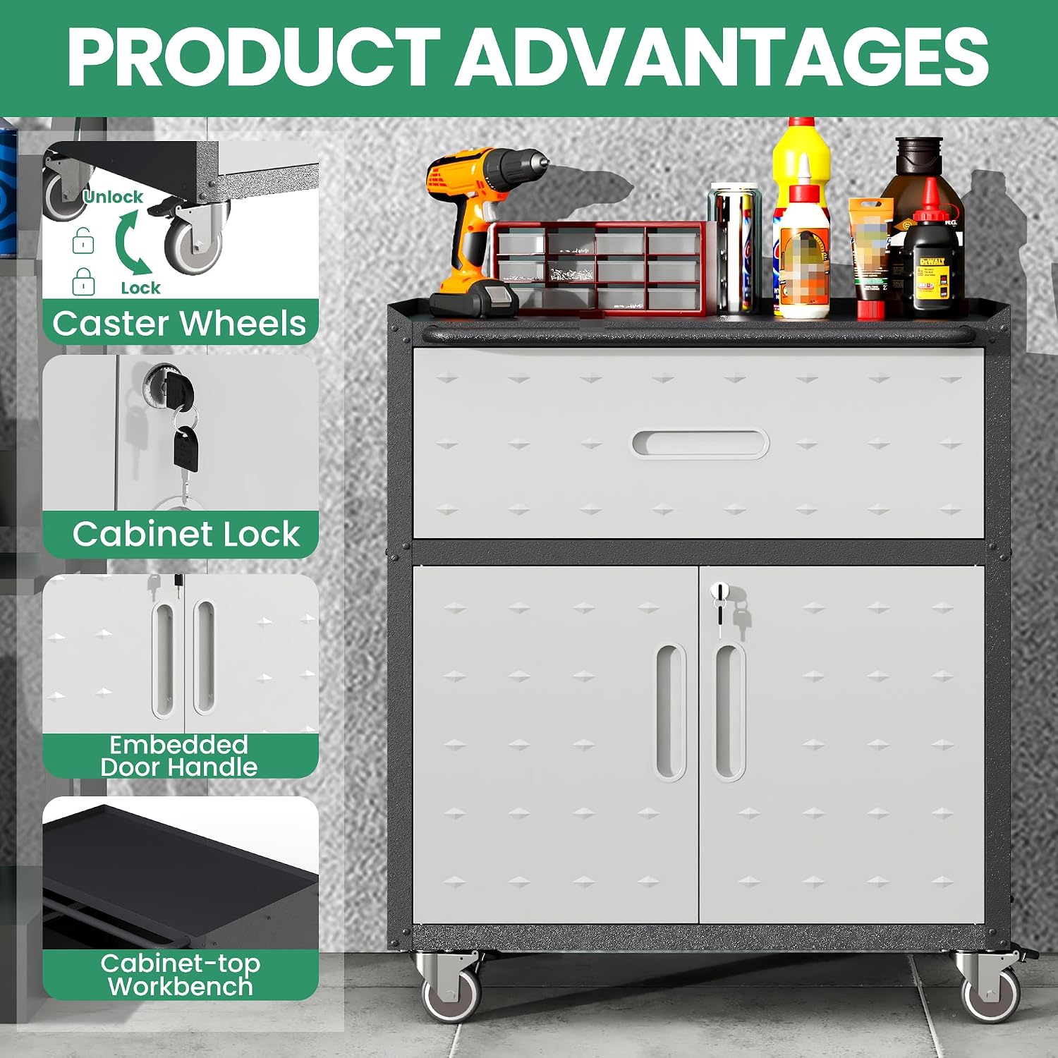 Garage Cabinets,Metal Garage Storage Cabinet with Wheels,Black Lockable Rolling Tool Cabinet with Drawer and Adjustable Shelves,Heavy Duty Tool Chest for Home Office Utility Room