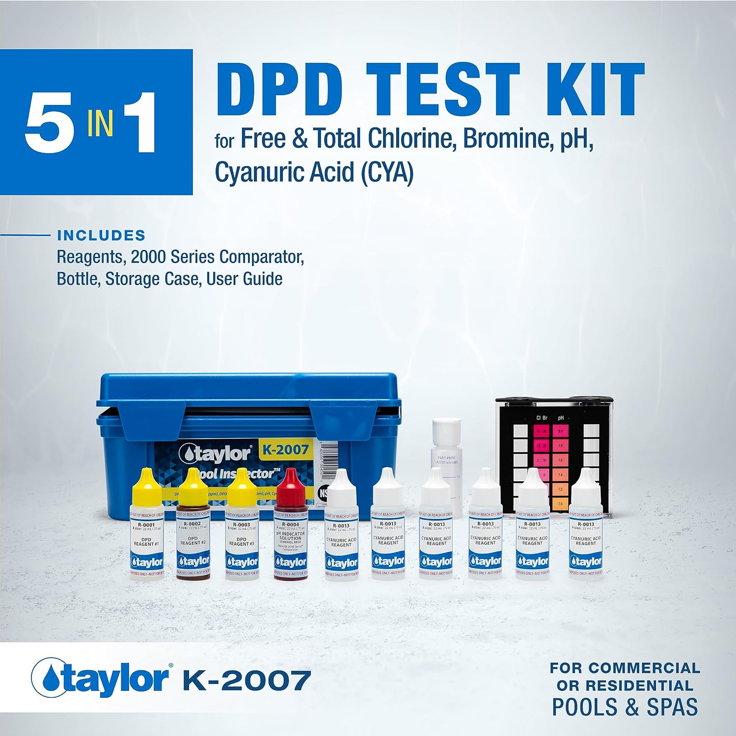 Taylor Technologies K-2007 DPD, 5-in-1 Pool Inspector High Range Test Kit for Free & Total Chlorine, Total Bromine, pH, Cyanuric Acid