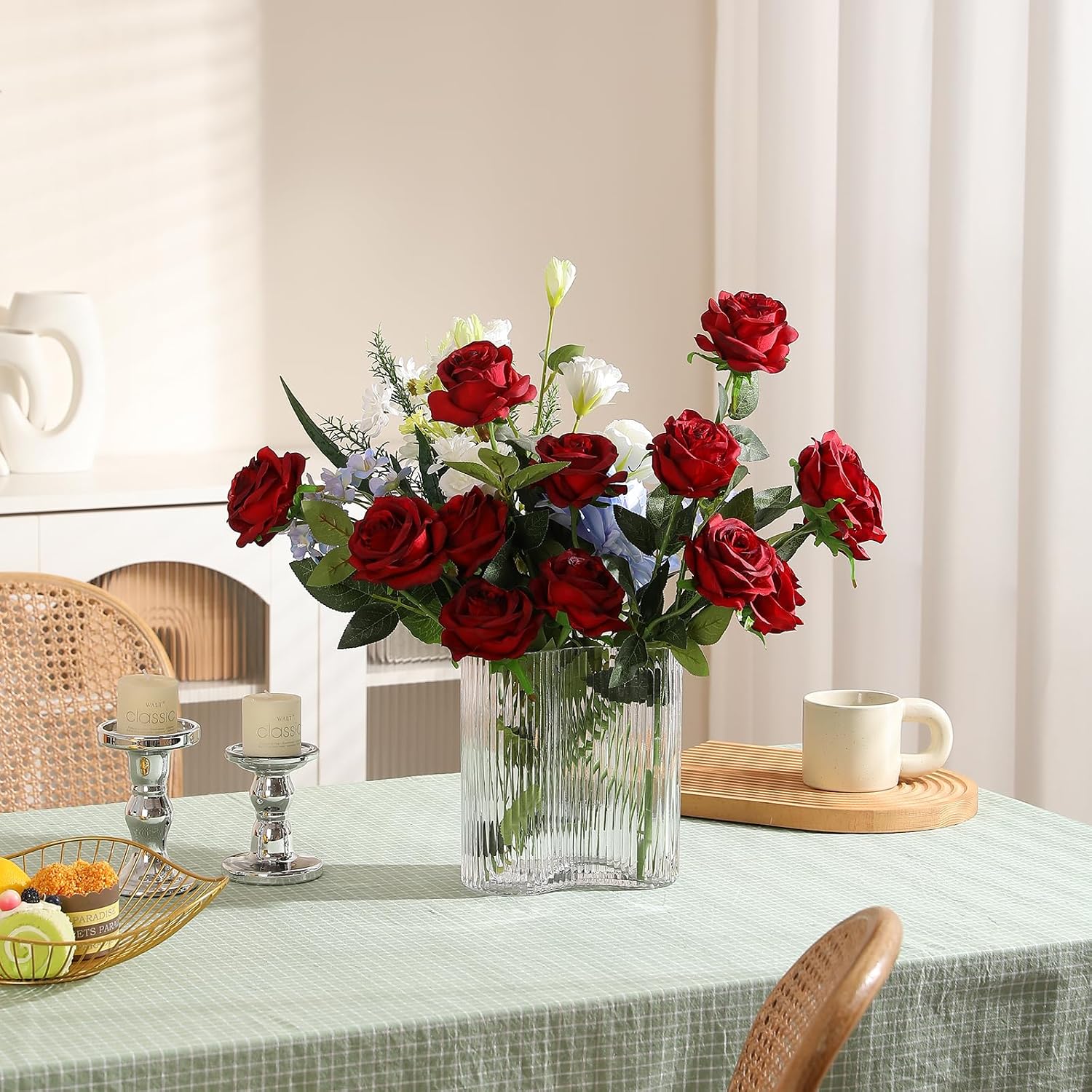 Hawesome 12PCS Artificial Silk Flowers Realistic Roses Bouquet Long Stem for Home Wedding Decoration Party (Yellow, 6 Flowers 6 Buds)