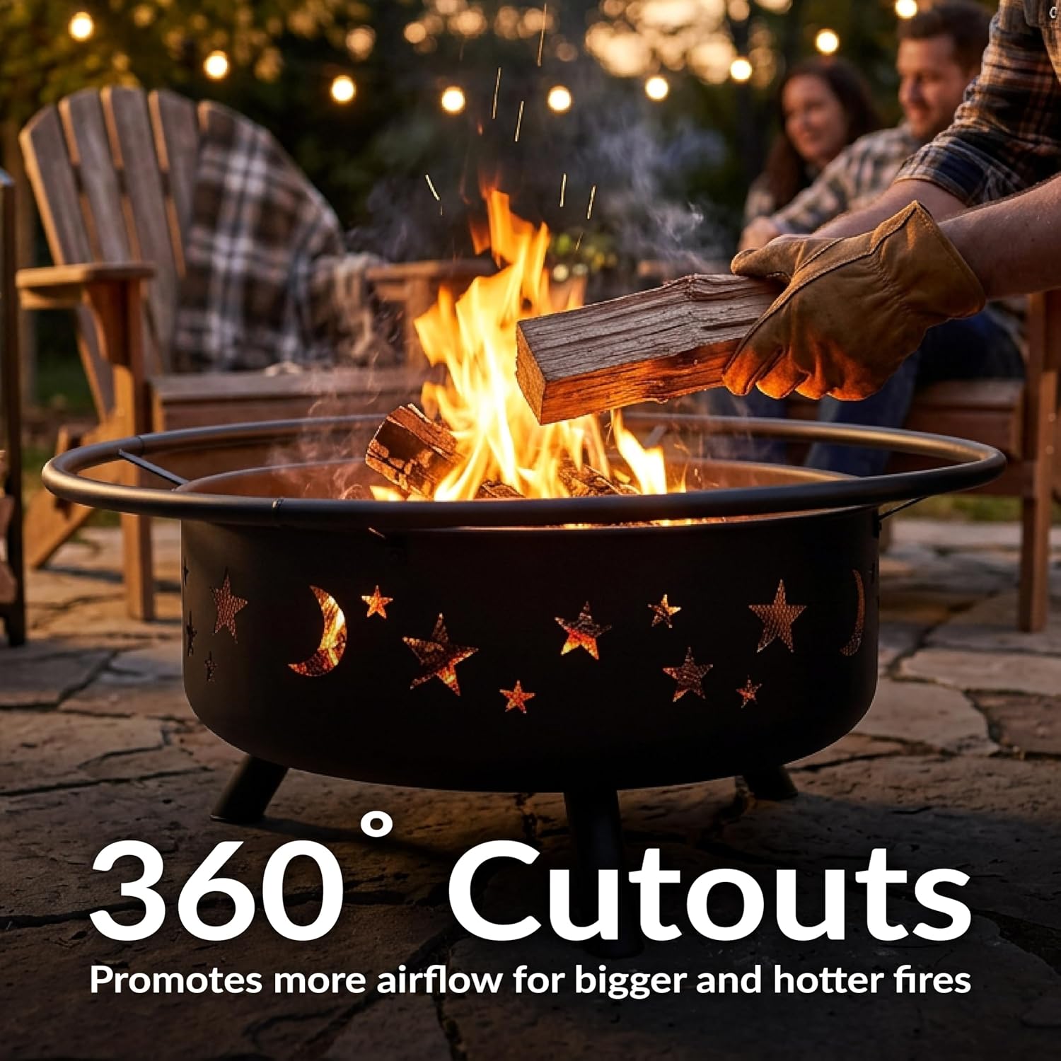 Sunnydaze Cosmic 42" Large Outdoor Fire Pit, Wood Burning, 34" Bowl Dia | Bronze, Heavy Duty Steel Metal, Includes Spark Screen, Wood Grate, & Poker, Round Backyard Firepit for Outside, Patio, Deck