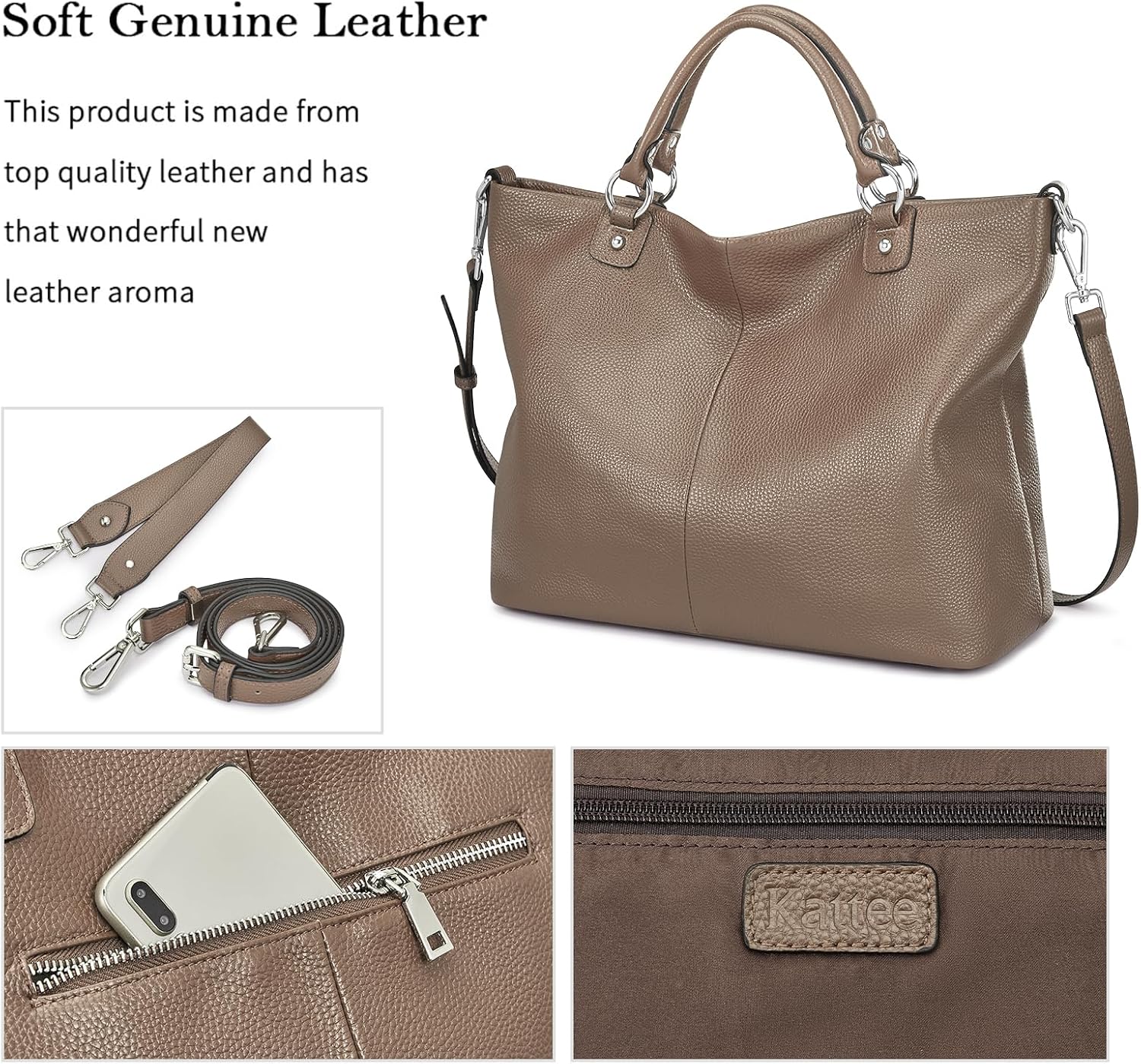 Kattee Genuine Leather Tote Purse for Women, Top Handle Satchel | Soft genuine leather tote with roomy storage and versatile carry for work, shopping, and travel.