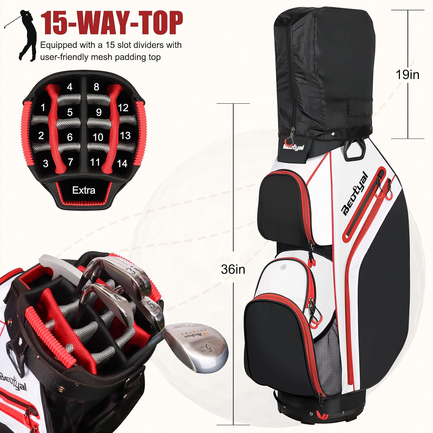 15-Way Golf Cart Bag, Lightweight Golf Club Bag for Men with Cooler | 15 Separate Compartments Easy Club Access Multiple Storage Pockets Cart Strap Channel Beverage Storage and Carry Handles
