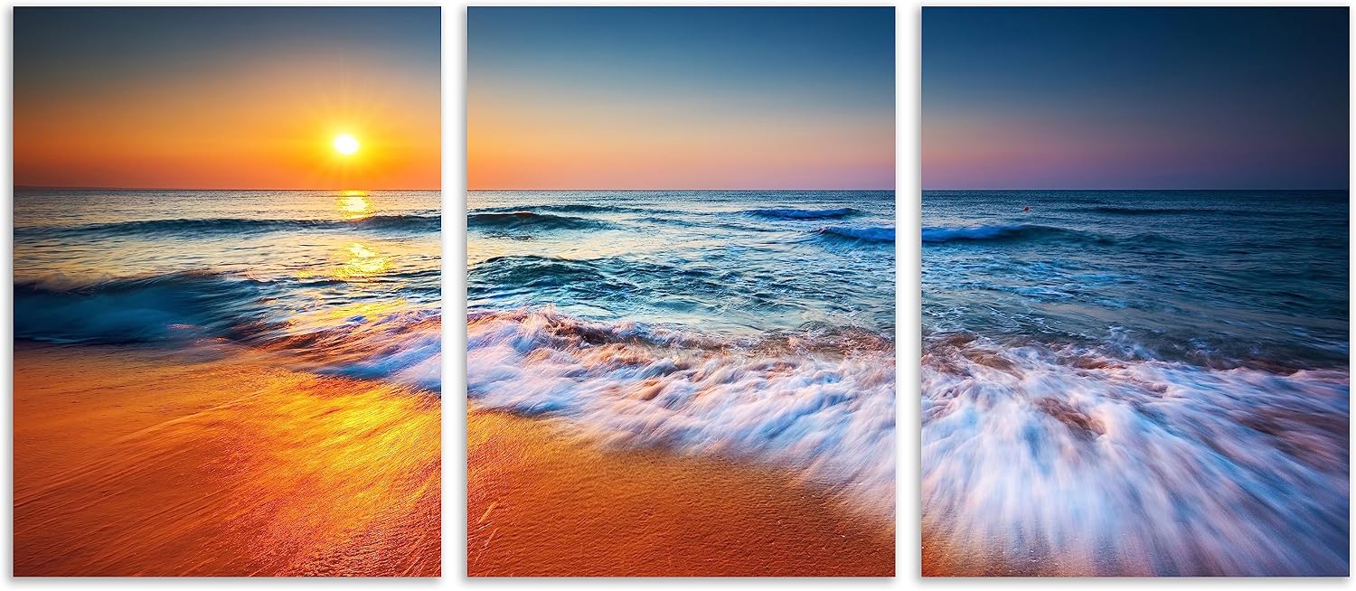TutuBeer 3 Panel Beach Canvas Wall Art for Home Decor Blue Sea Sunset White Beach Painting the Picture Print on Canvas Seascape the Pictures for Home Decor Decoration,Ready to Hang