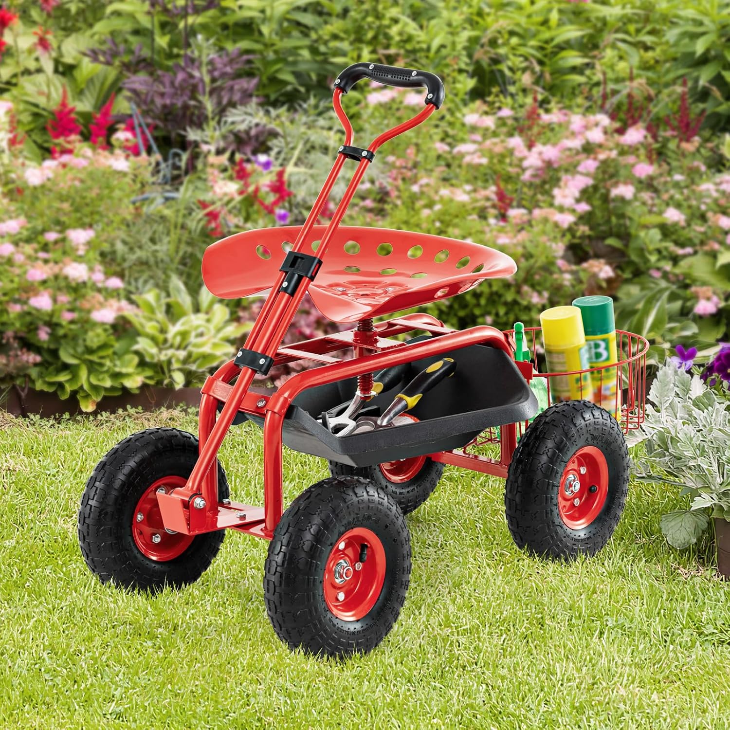 Goplus Rolling Garden Cart with Seat, Outdoor Garden Stool with Wheels, Tool Tray & Basket, Adjustable Steering Handle