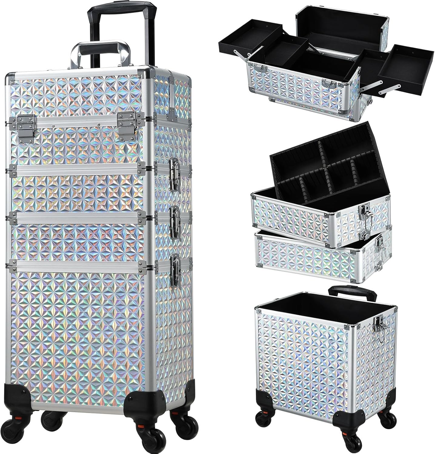 Stagiant Rolling Makeup Case Cosmetology Case on Wheels 4 in 1 Large Cosmetic Organizer Train Case Makeup Travel Case with Key Swivel Wheels Nail