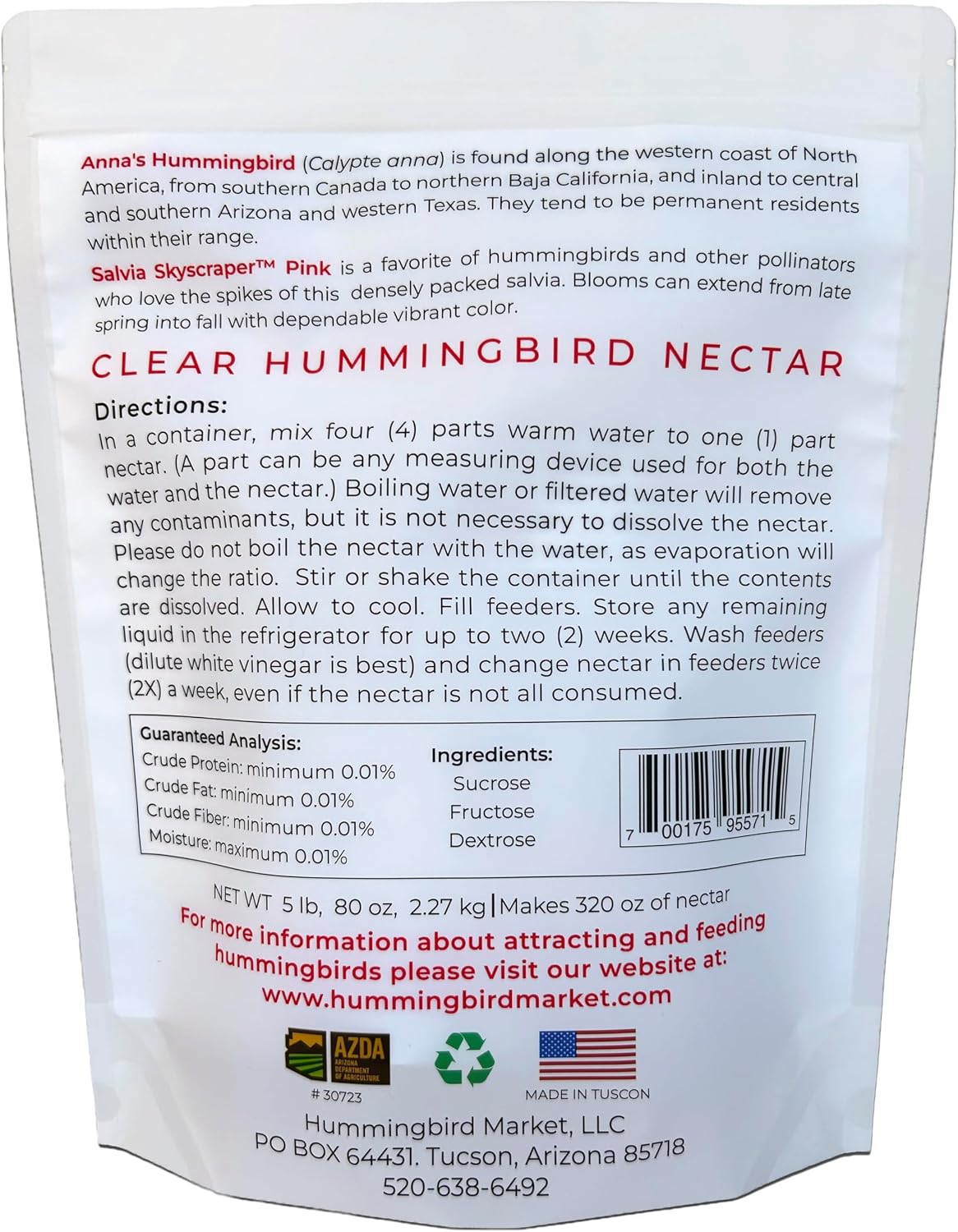 Hummingbird Nectar - All Natural Powder - Hydrating & Energizing, 5 lbs/80 oz. Makes 320 ozs