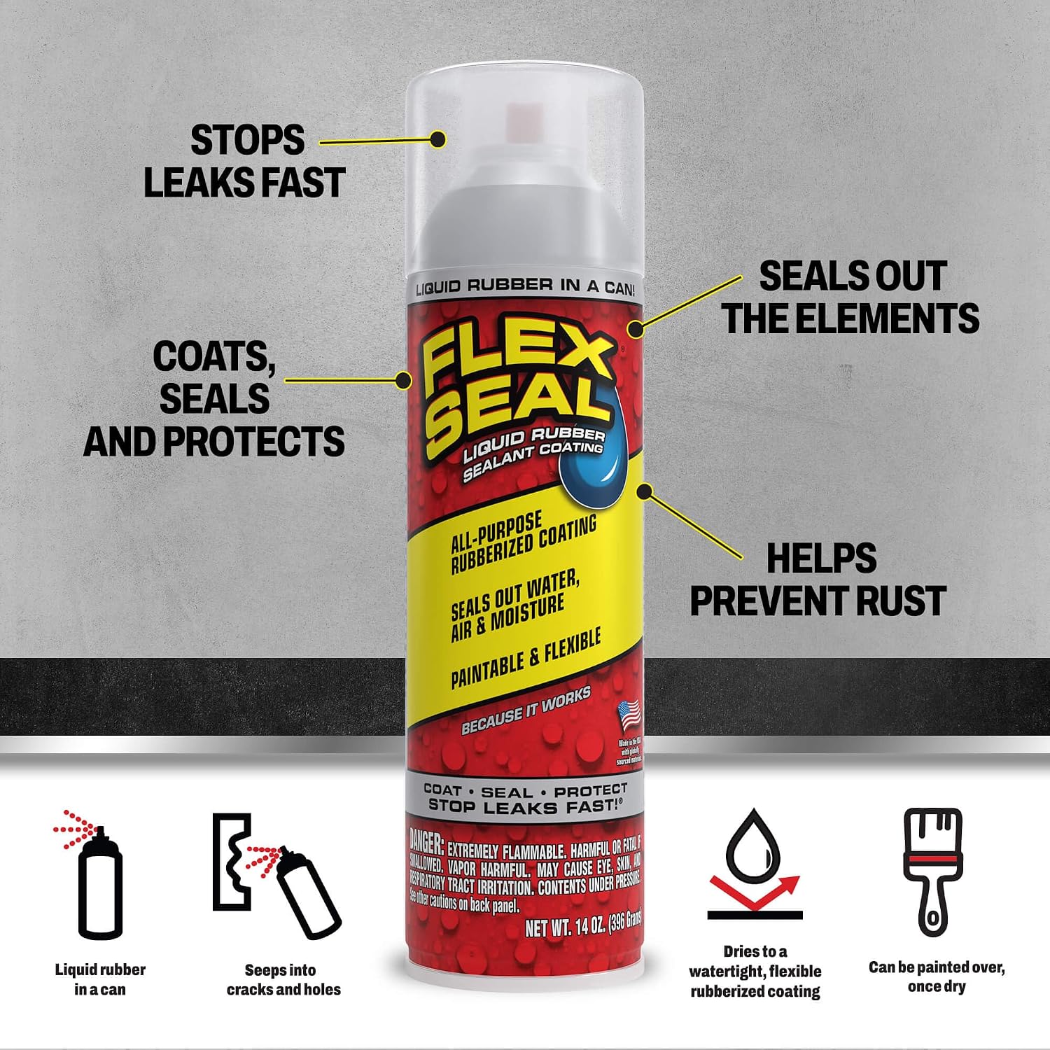 Flex Seal, 14 oz, 2-Pack, Black, Stop Leaks Instantly, Waterproof Rubber Spray On Sealant Coating, Perfect for Gutters, Wood, RV, Campers, Roof Repair, Skylights, Windows, and More