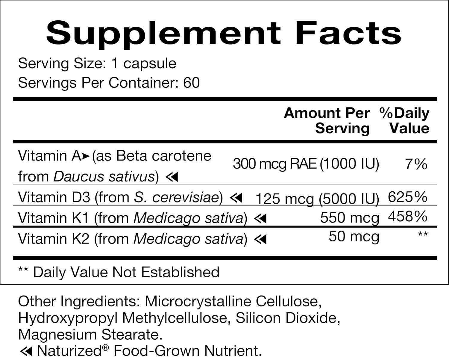 Natura Health Products D-A-K ADK Vitamin D3 5000 IU K2 K1 & A 60 Capsules | 50 mcg K2, 550 mcg K1 and 1000 IU A support calcium metabolism, bone