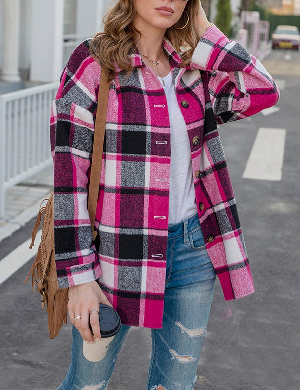 Yeokou Women's Plaid Flannel Shacket Oversized Button Down Long Sleeve Shirt Jacket Casual Spring Fall Outfits