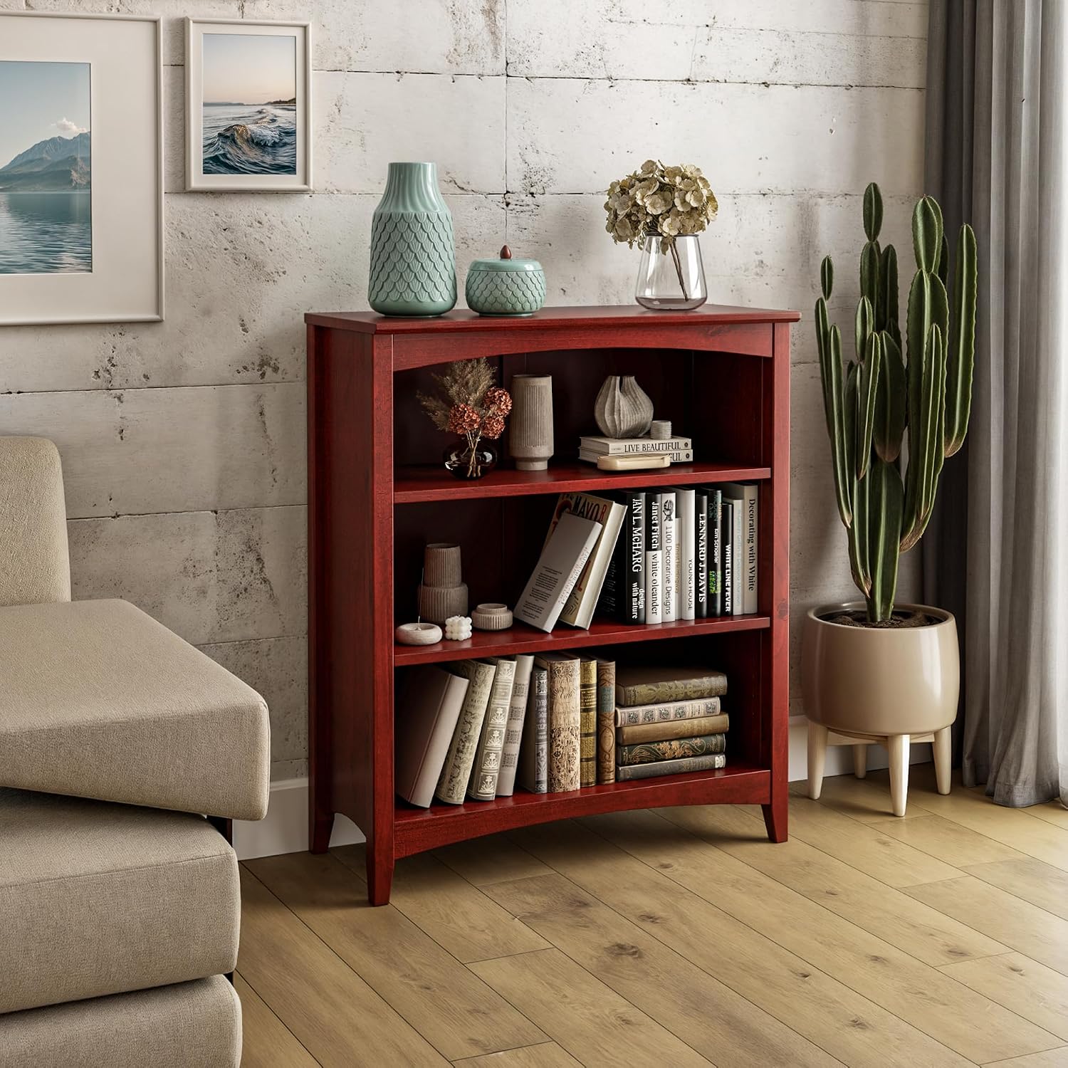 Shaker Style 3 Shelf Bookcase / Solid Wood / 36" High / Adjustable Shelving / Closed Back / Display Bookshelf for Living Room, Bedroom, Home and Office, White