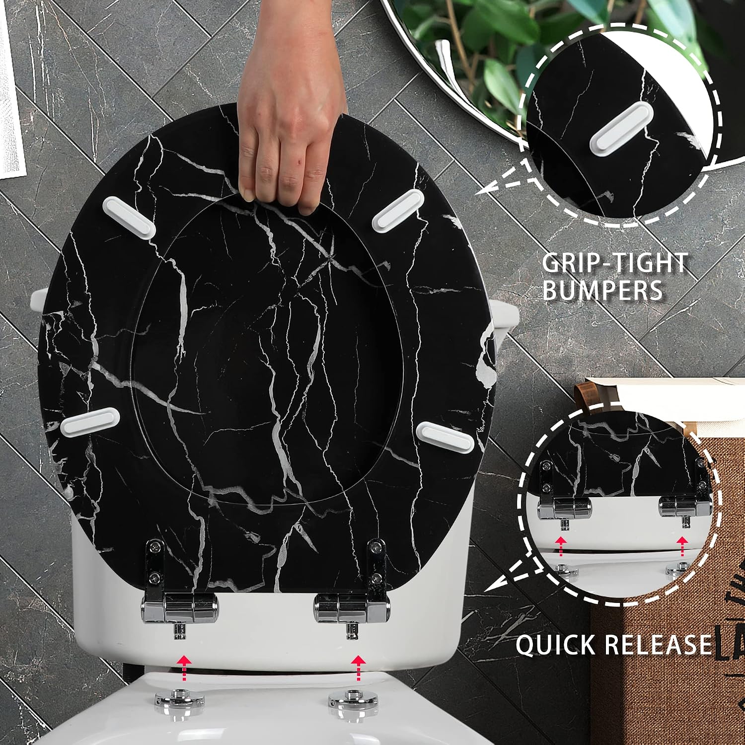Angel Shield Marble Toilet Seat Durable Molded Wood with Quiet Close,Easy Clean，Quick-Release Hinges (Elongated,Black Marble)