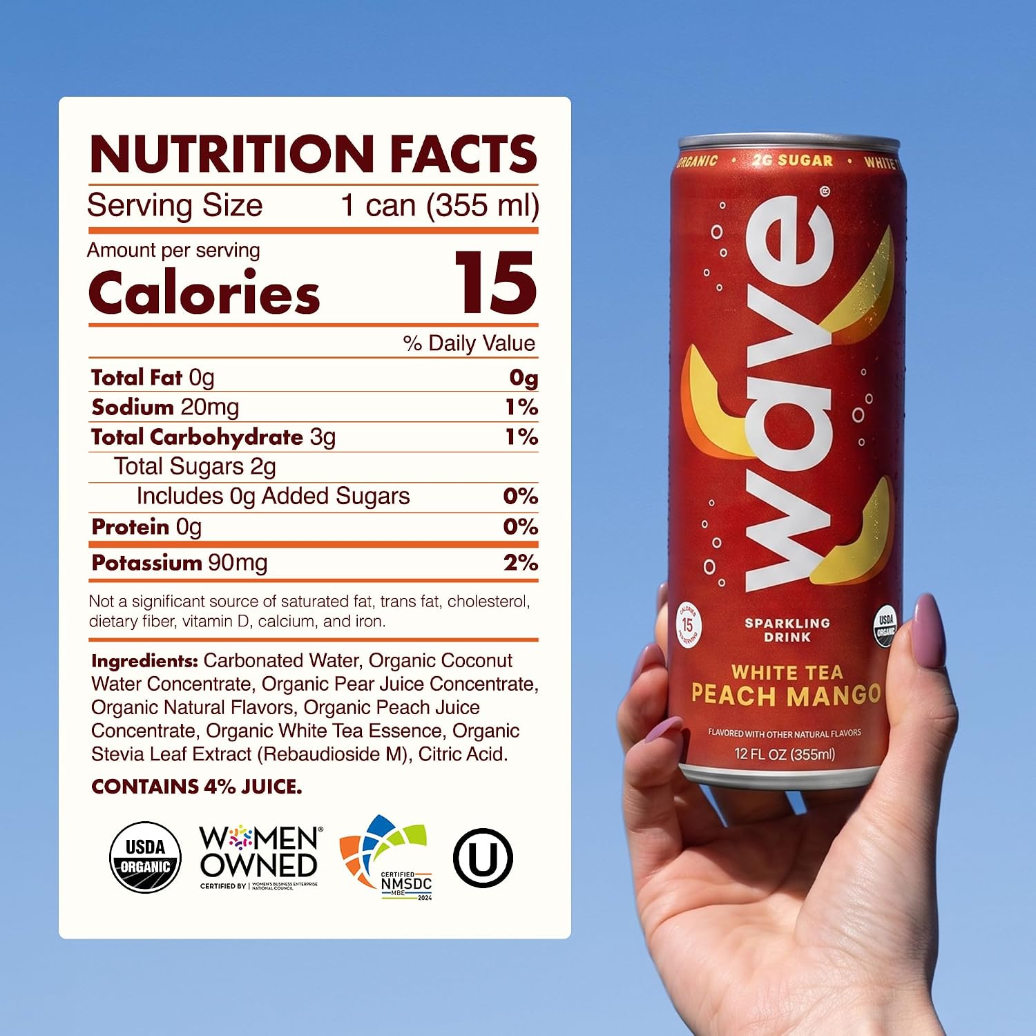 WAVE Organic Sparkling Drink, Soda Alternative, White Tea Peach Mango | No Added Sugar, Low Calorie, No Artificial Sweeteners, Coconut Water