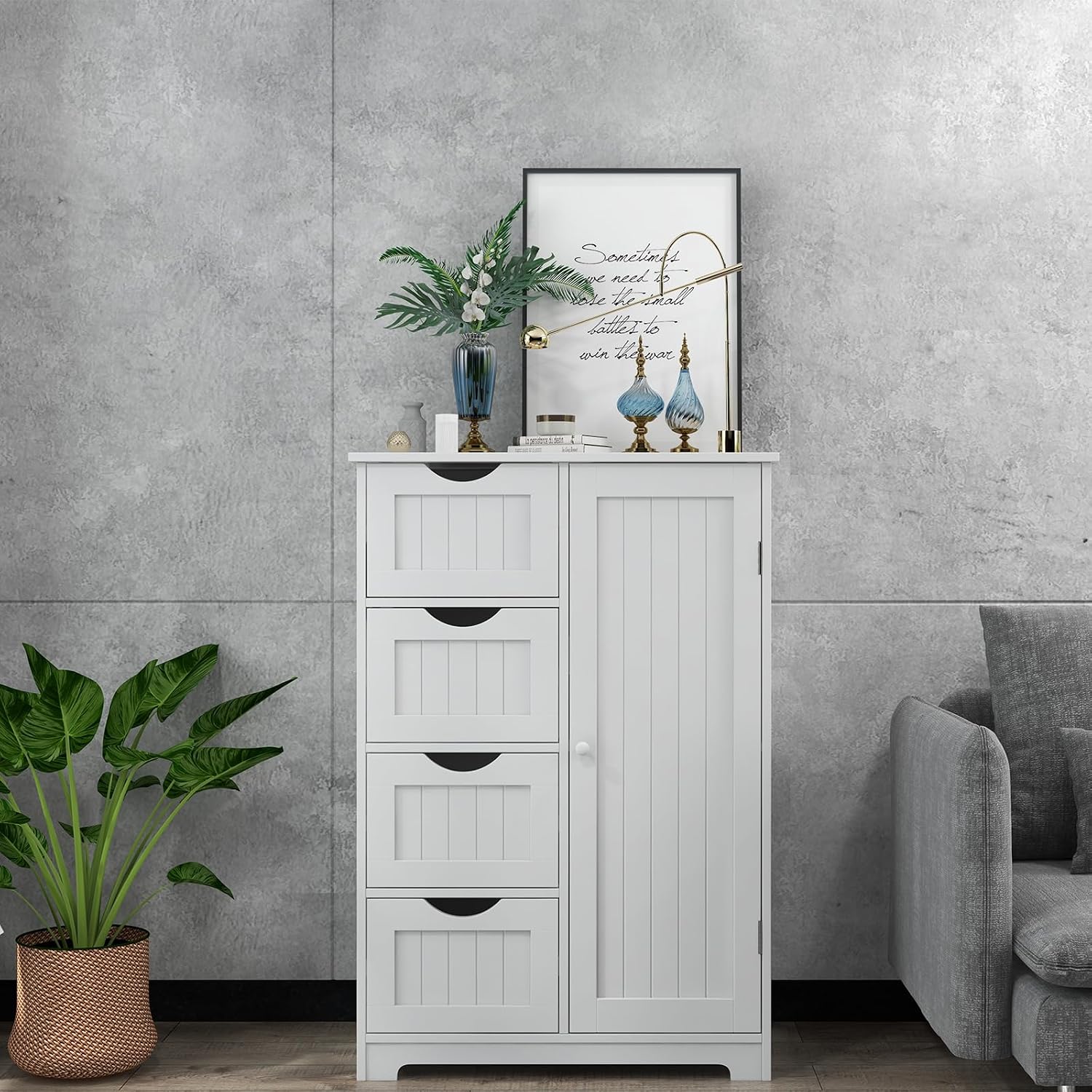 Giantex Storage Cabinet with 4 Drawers, Bathroom Storage Organizer with Cupboard, Adjustable Shelf, Anti-Toppling Device, Floor Cabinet, Entryway Storage Unit Console Table, White