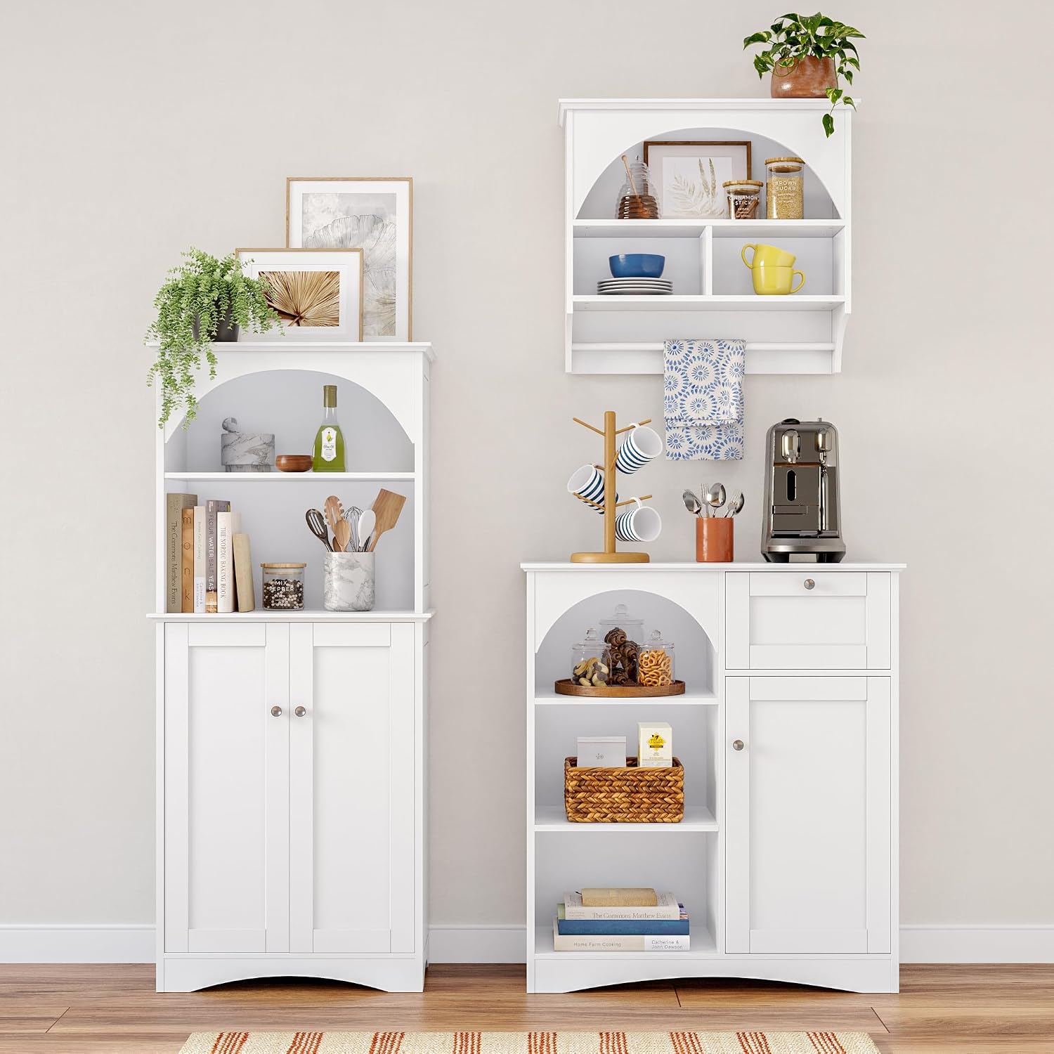 RiverRidge Kitchen Tall 2-Door Sideboard Buffet Storage Cabinet, White | Soft Close Hinges, Adjustable Shelves, Versatile Arched Design