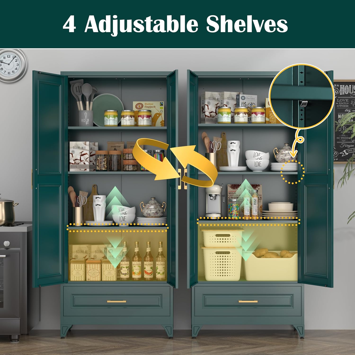 Steeloong 71"Metal Pantry Storage Cabinet with Doors & 4 Adjustable Shelves | Kitchen Pantry Cabinet,White Kitchen Cabinet with 2 Gold Handles,Tall Cabinet for Livingroom,Pantry, Bathroom,Kitchen