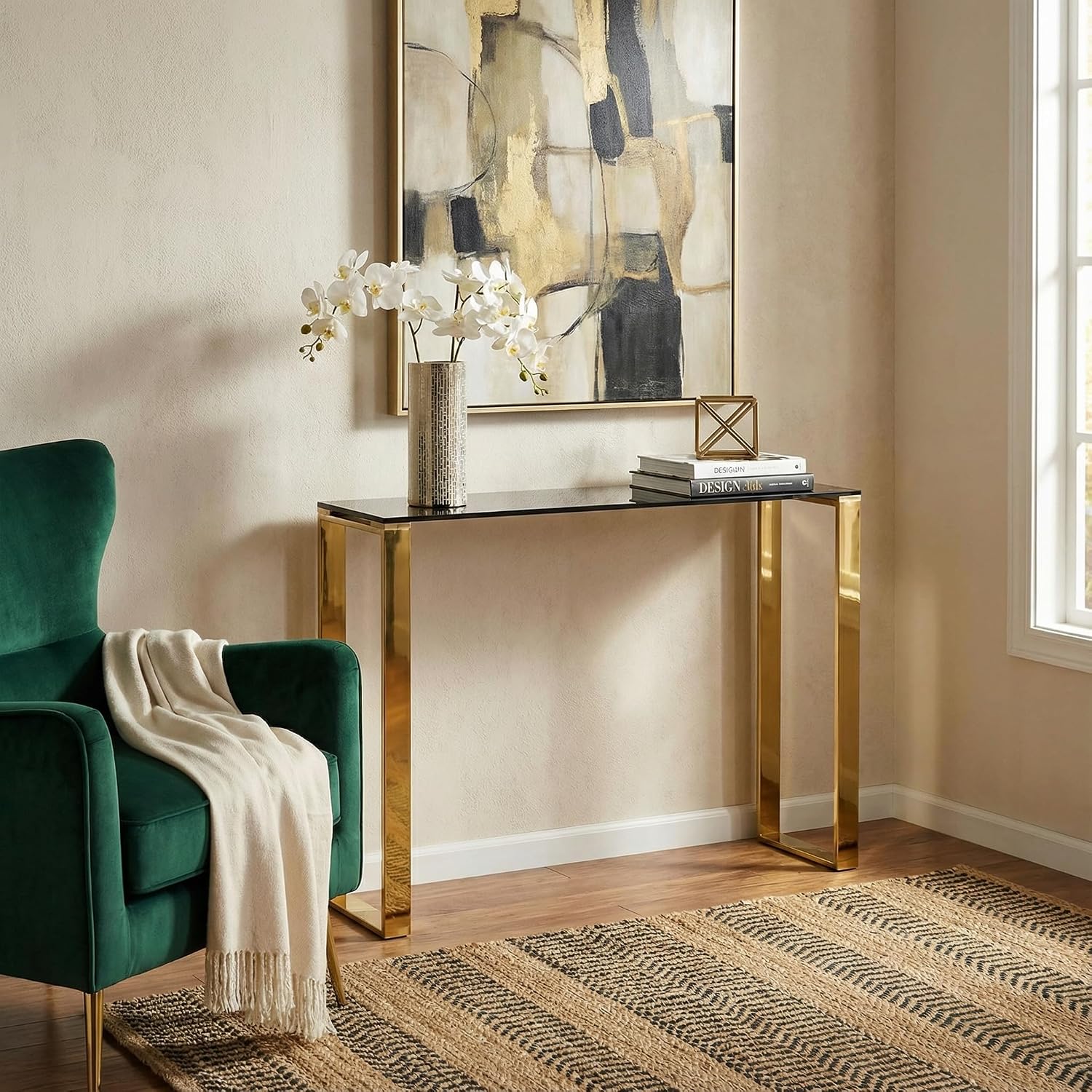 Cortesi Home CH-ET636045 Remini End Table, Gold Metal and Black Glass, End Table 18"