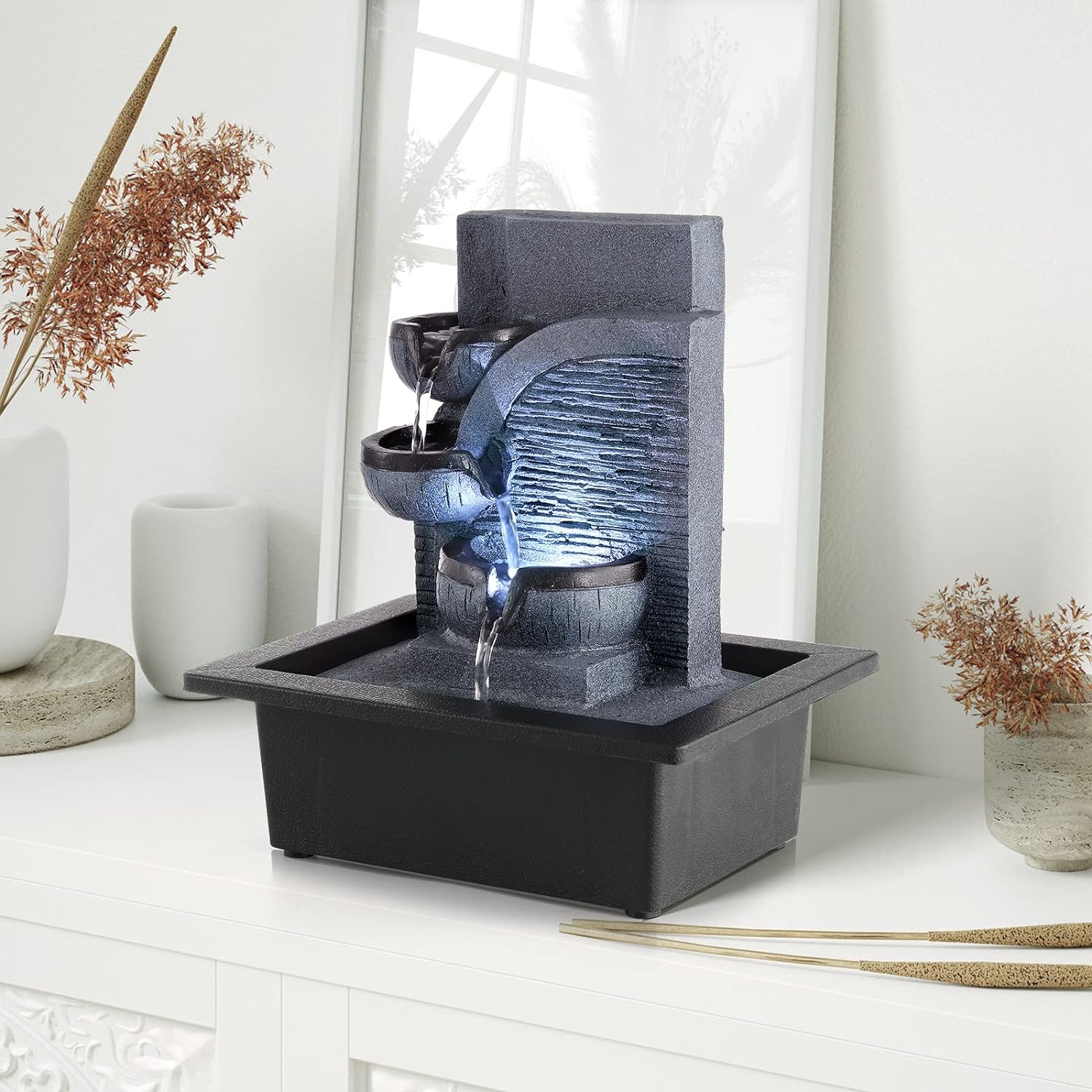 WICHEMI Indoor Water Fountain Tabletop Fountain Stacked Rock with LED Light | Relaxing Water Feature, Meditation Fountain, Soothing Sound, Stress Relief, For Home Office Bedroom Decor, 7.8"x7.8"x7.9"