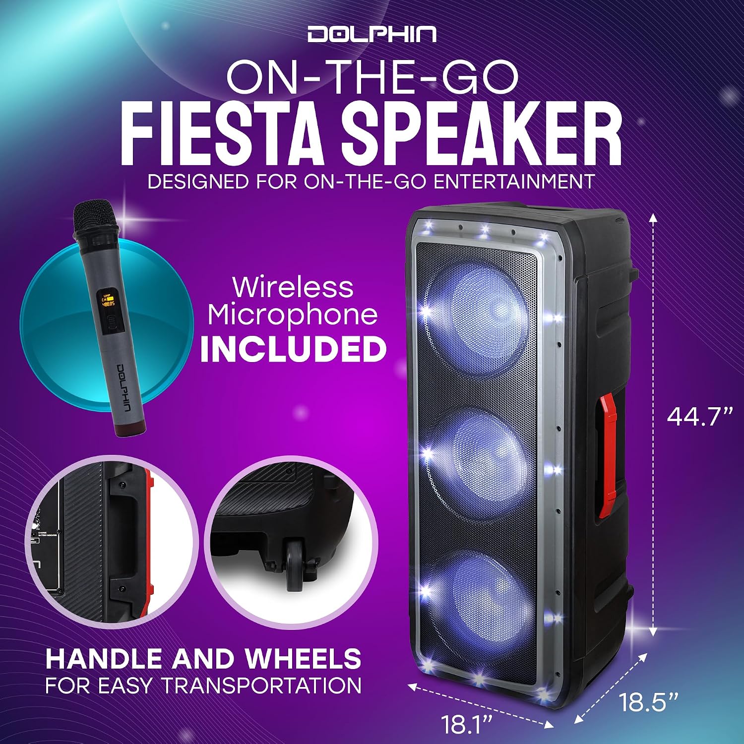 Dolphin Bluetooth Party Speaker with Wireless Mic, Triple 10" Woofers | 120W Output, LED & Strobe Lights, USB/TF/FM/AUX, Guitar & Mic Inputs