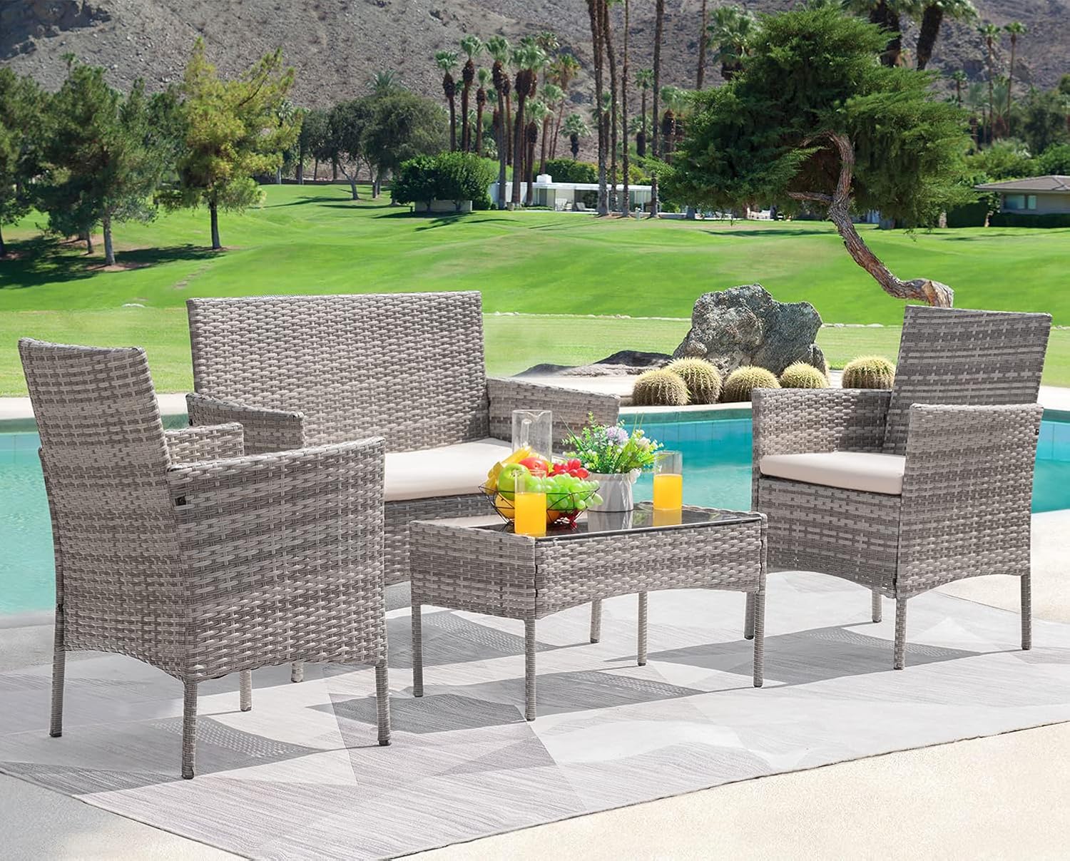 Greesum Patio Furniture 4 Pieces Conversation Sets,Brown and Beige