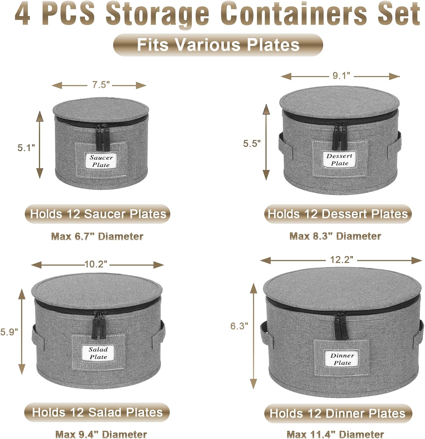 4PCS China Storage Containers, Hard Shell Dish Storage Containers w/ Felt Dividers, Quilted Plate Storage Cases for 12 Place Setting Charger Plates Dinnerware, Stackable Moving Boxes for Dishes