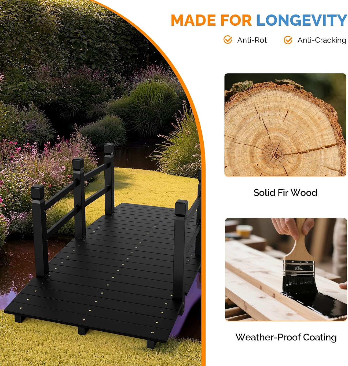 VINGLI 5 ft Garden Bridge, Classic Wooden Arch with Safety Rails Stained Finished Footbridge, Decorative Pond Landscaping, Backyard, Creek or Farm