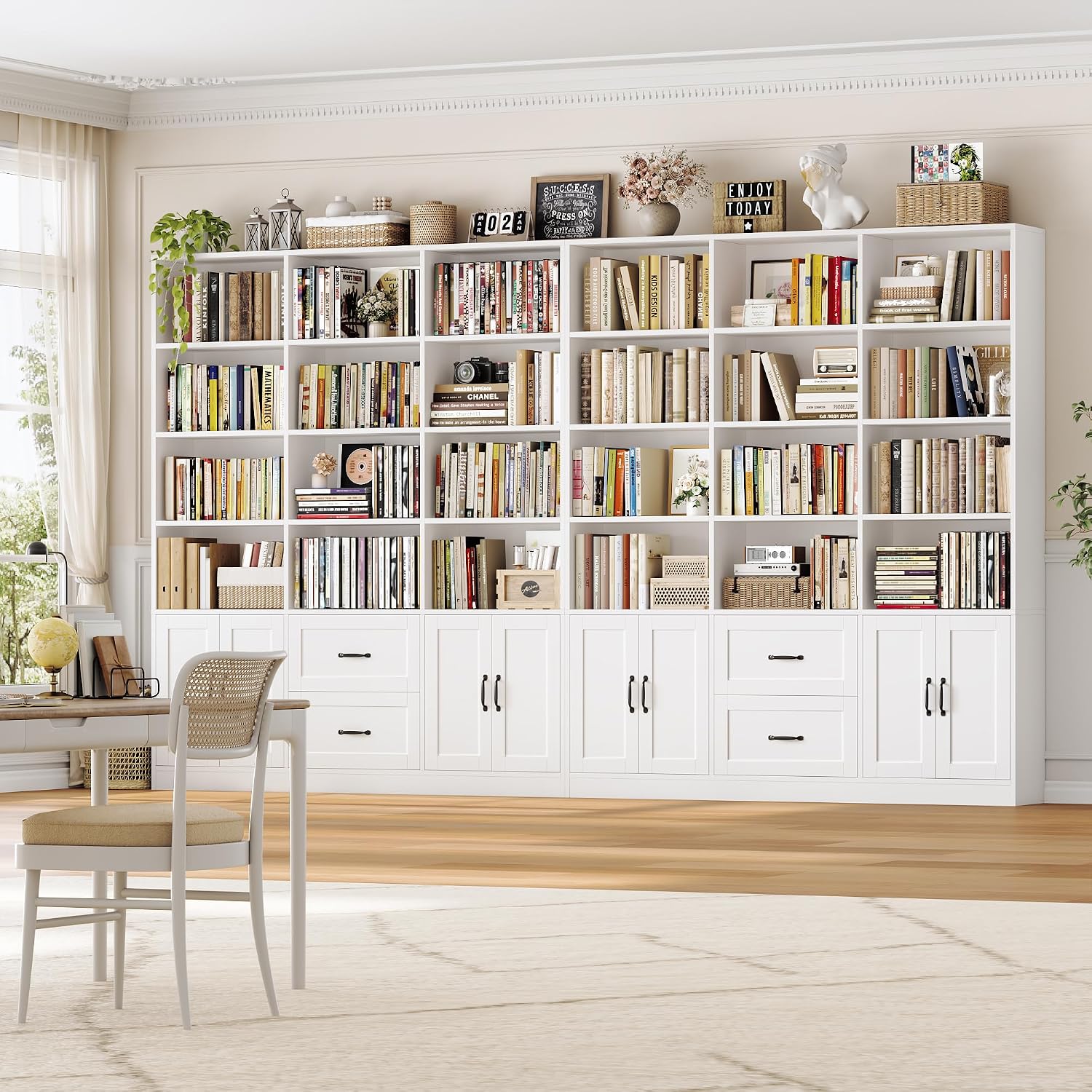 HOSTACK 71" Tall Triple Wide Bookshelf with Storage Drawers & Doors, Green | Large Bookcase with Cabinet, Modern 6-Tier Open Display Shelves, Wood Book Shelf for Living Room, Home Office