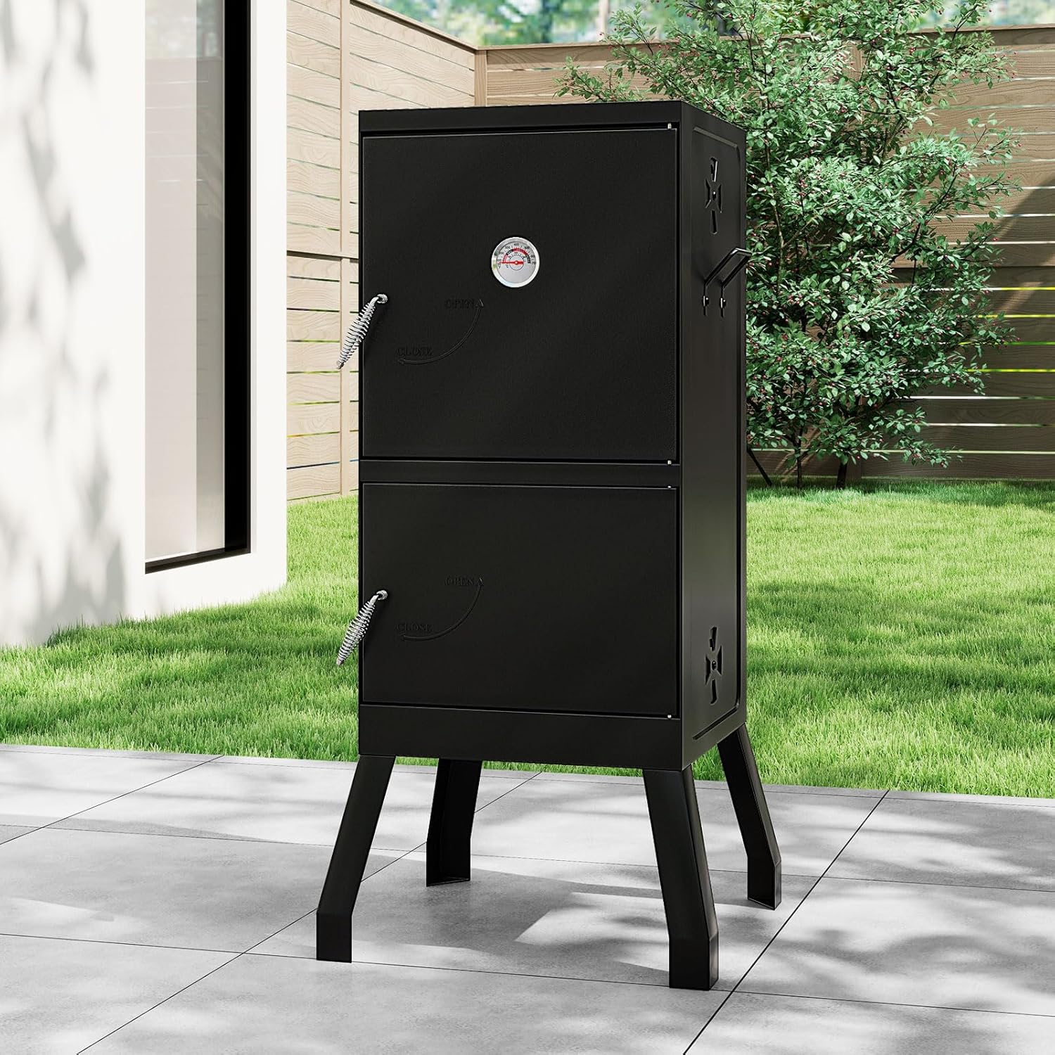 Charcoal Smoker Outdoor, Vertical BBQ Smoker with Thermostat, 2 Access Doors, 2 Cooking Grates, 2 Removable Pans & 4 Air Vents