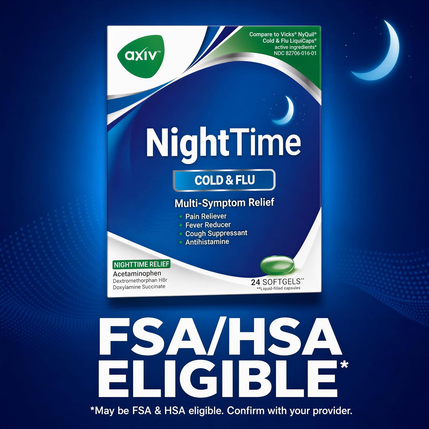 AXIV Nighttime Cold & Flu Relief Softgels, Multi-Symptom Nighttime Relief for Headache, Fever, Sore Throat, Minor Aches and Pains, Sneezing, Runny Nose, and Cough 24 Count