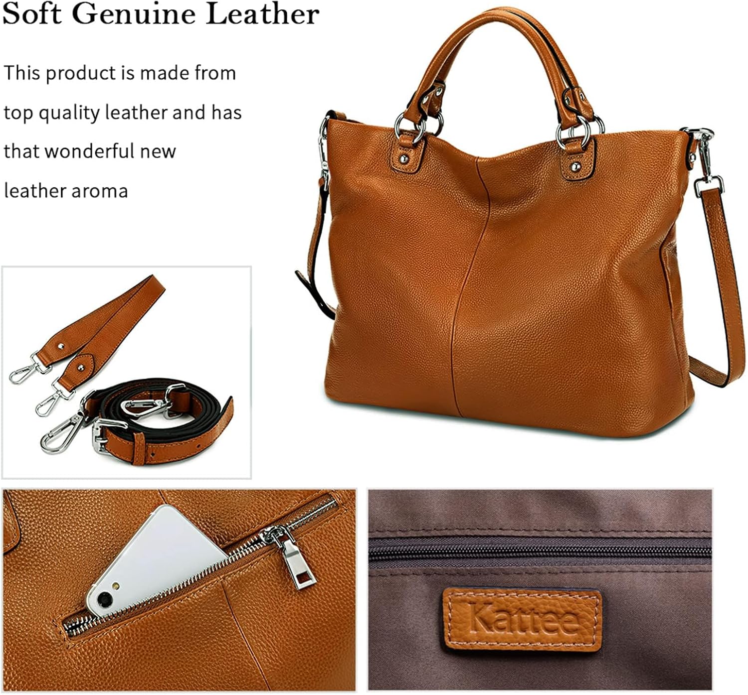 Kattee Genuine Leather Tote Purse for Women, Top Handle Satchel | Soft genuine leather tote with roomy storage and versatile carry for work, shopping, and travel.