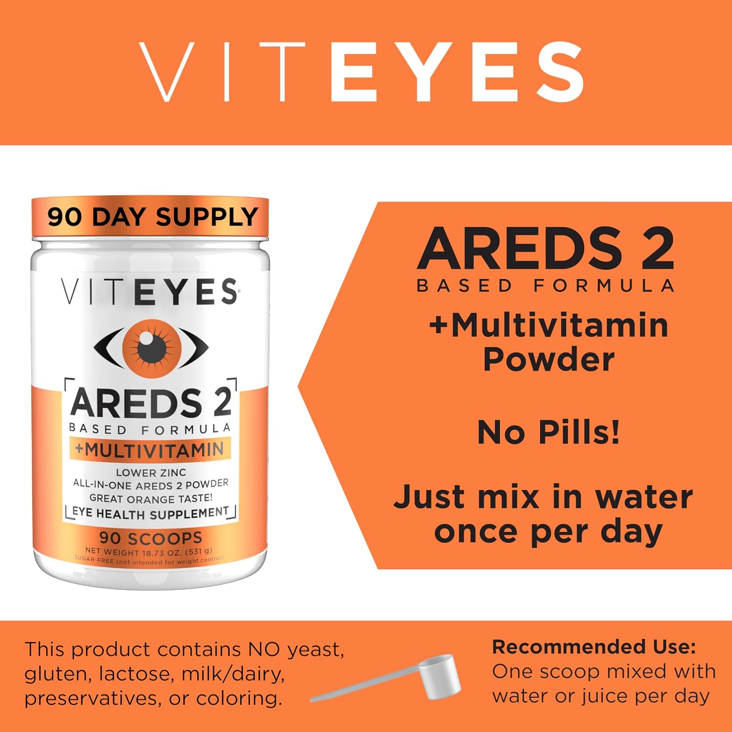 Viteyes AREDS 2 Powder + Multivitamin All-in-One, Macular Protection, Alternative to AREDS 2 chewables, No Pills, Lutein & Zeaxanthin