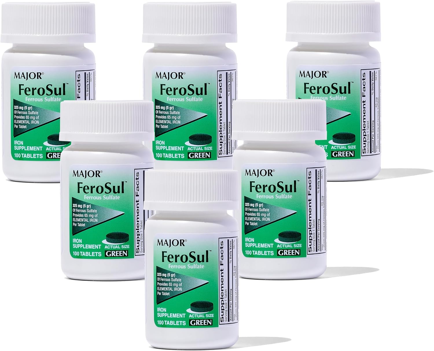 Major Ferosul - Ferrous Sulfate 325mg Tablets with 65mg of Elemental Iron - Iron Supplement for Women, Men - Green - 100 Count (3 Pack)