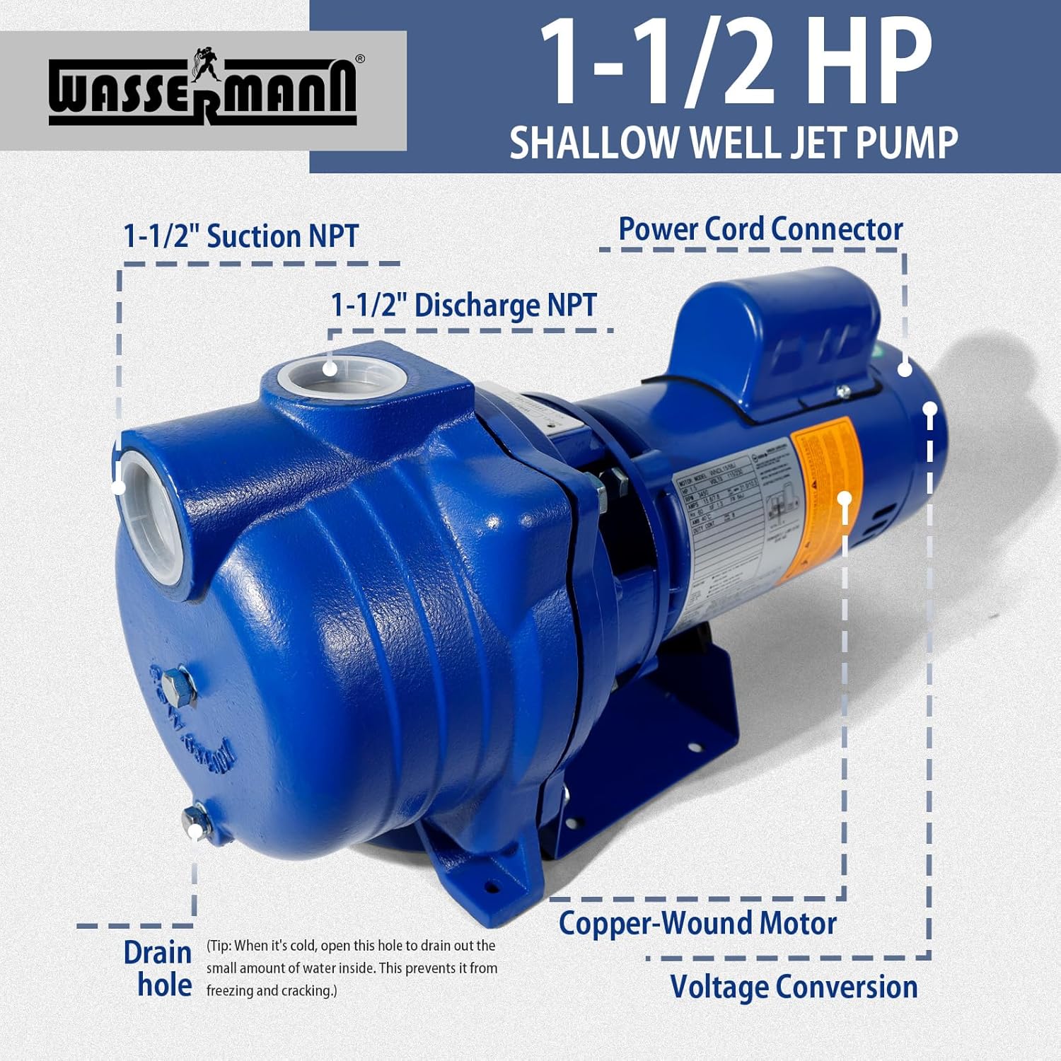 Centrifugal Pump 1.5 HP, 66GPM Shallow Well Jet Pump 115V/230V Self-Priming Centrifugal Pump Durable Cast Iron Booster Pump for Lawn Sprinkler