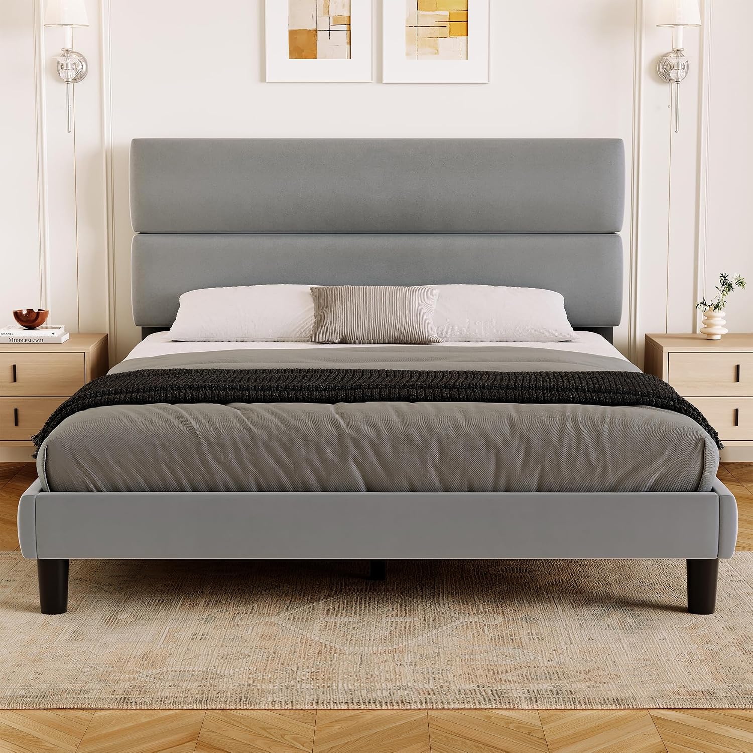 GRUSIGN Queen Size Platform Bed Frame with Velvet Headboard, Adjustable Height Wooden Slats Support, Upholstered Mattress Foundation, Fits Mattress or Mattress with Box Spring, Easy Assembly, Beige