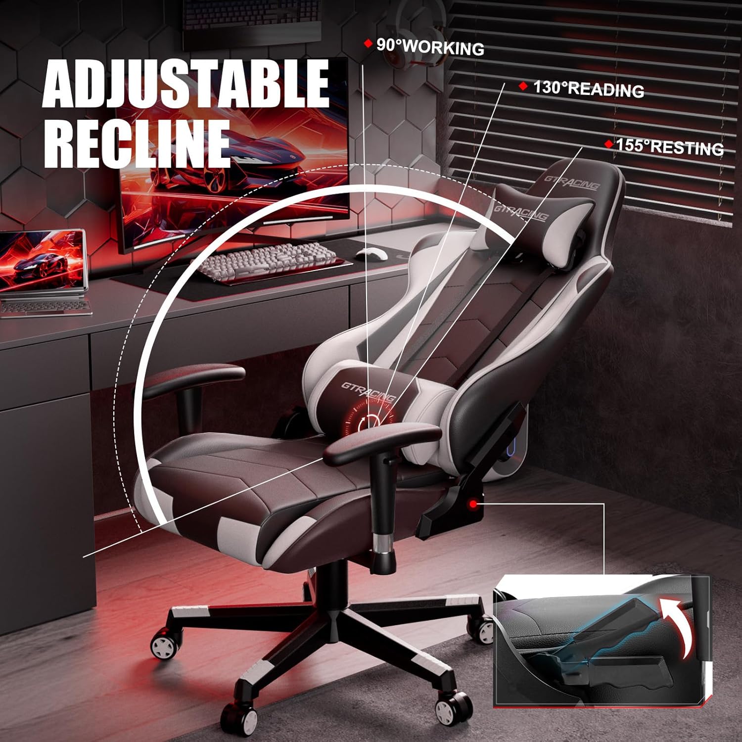 GTRACING Gaming Chair Racing Office Computer Ergonomic Video Game Chair Backrest and Seat Height Adjustable Swivel Recliner with Headrest and Lumbar