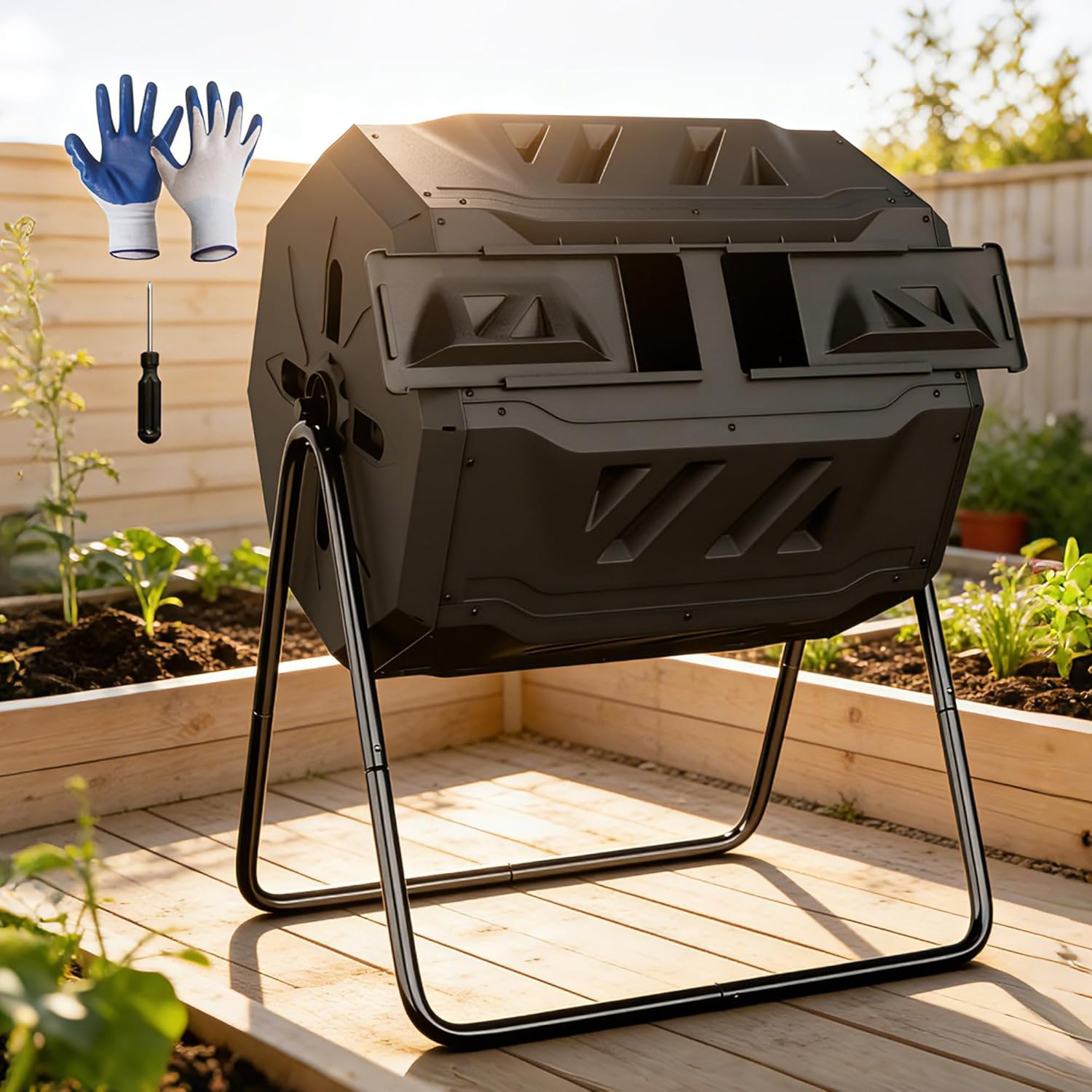 F2C Compost Bin Outdoor 43 Gallon Garden Dual Chamber Composter Bin - Bundled with Pearson's Gardening Gloves, BPA Free, Heavy-Duty Steel Frame